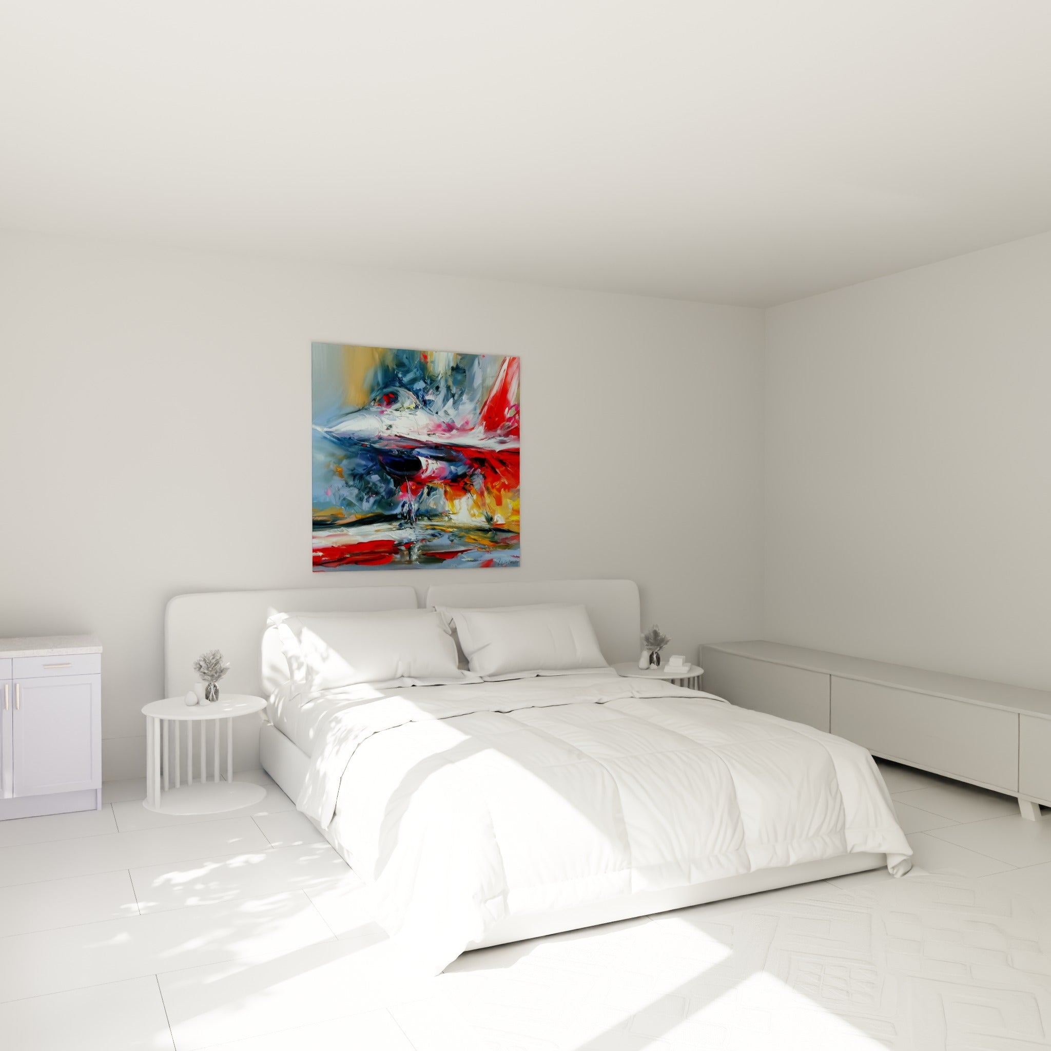 Chasseur militaire rouge et blanc en pleine envolée picturale, accroché au-dessus d'un lit dans une chambre claire