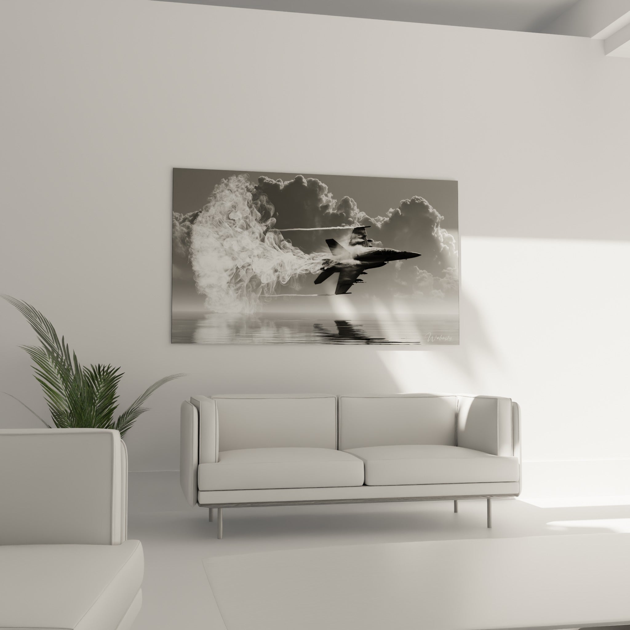 Jet gris anthracite traçant une fumée blanche sous des nuages sombres, au-dessus d'un canapé dans un salon lumineux