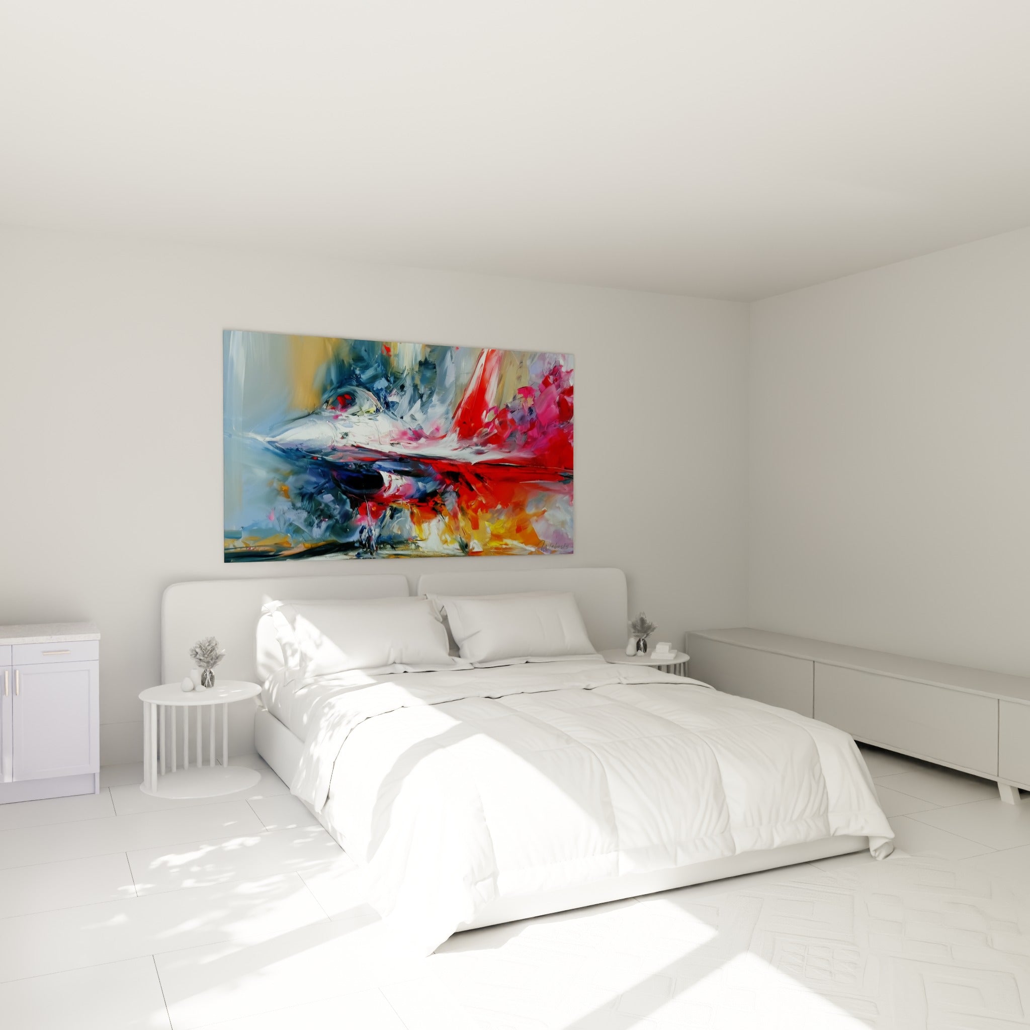 Chasseur rouge et blanc traité en touches épaisses, accroché au-dessus d'un lit dans une chambre claire.
