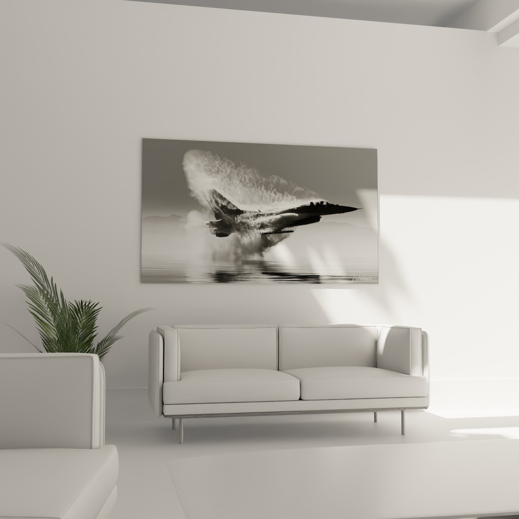 Silhouette d'avion militaire anthracite enveloppée de vapeur blanche, au-dessus d'un canapé dans un salon lumineux