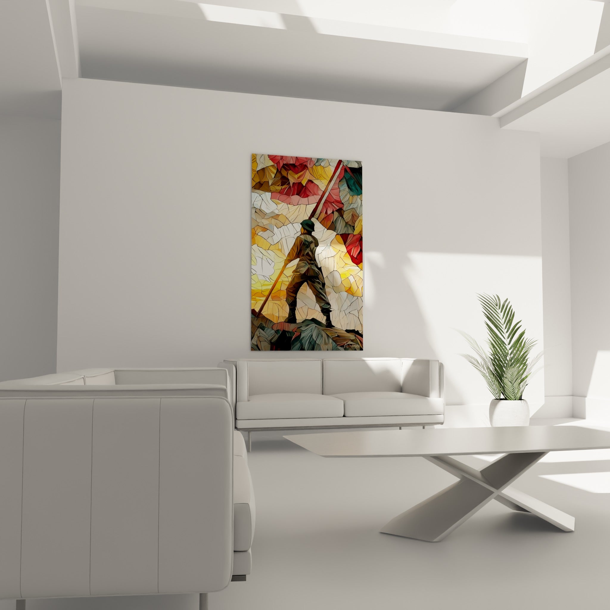 Guerrier gravissant un rocher, drapeau rouge sur ciel doré, disposé au-dessus d'un canapé dans un salon lumineux