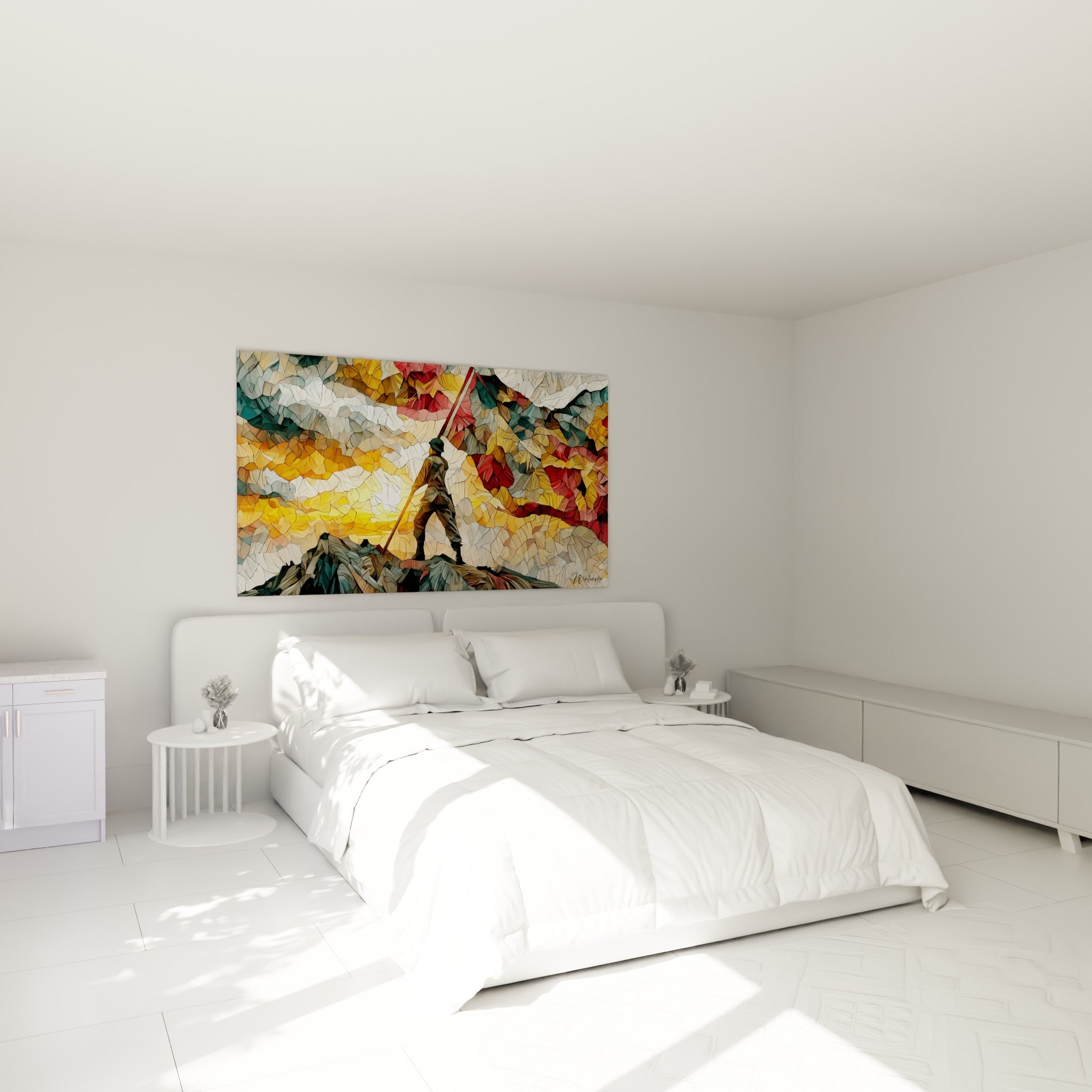 Guerrier au drapeau rouge et rochers bleu ardoise, au-dessus d'un lit dans une chambre claire