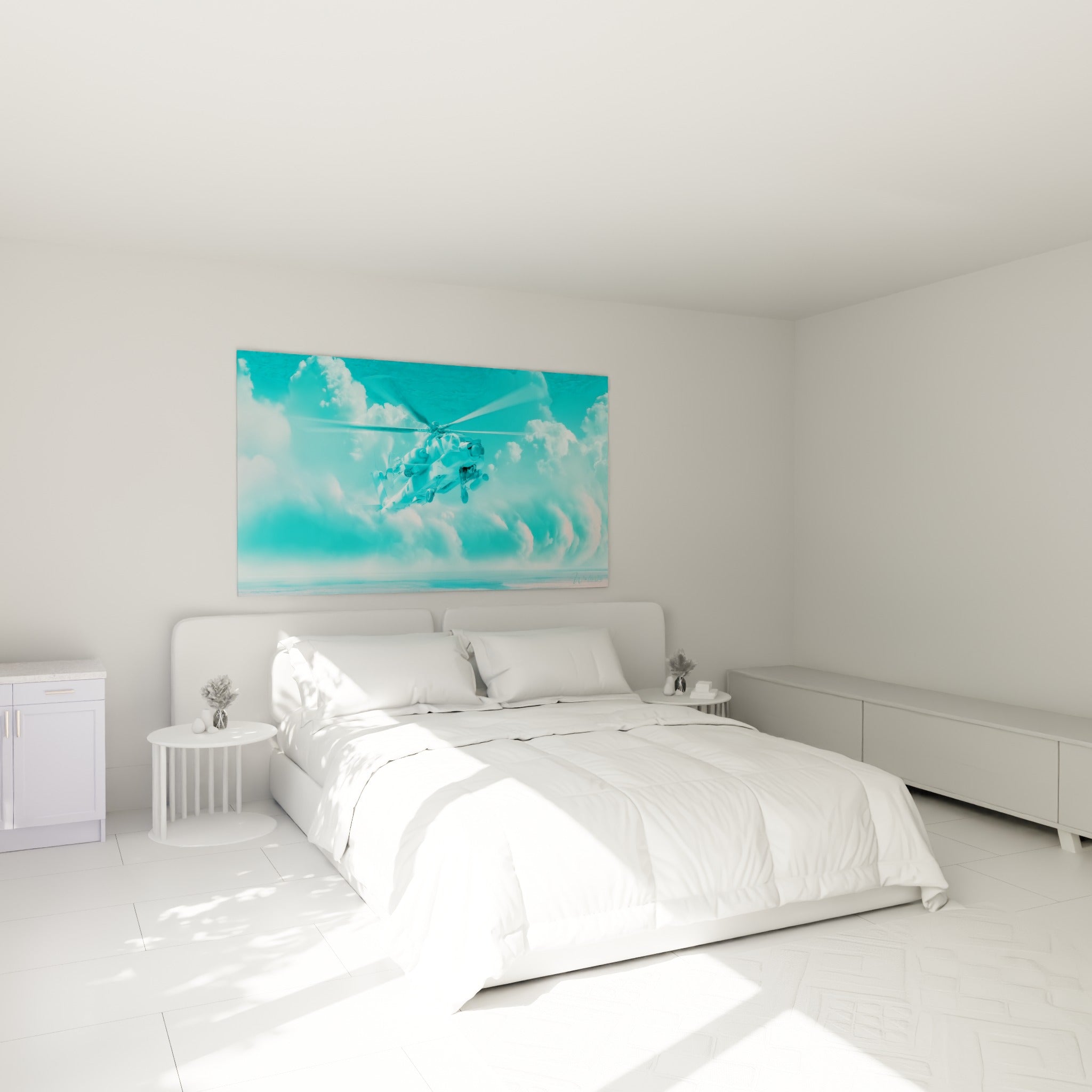 Appareil militaire aux teintes turquoise et blanches, accroché au-dessus d'un lit dans une chambre claire