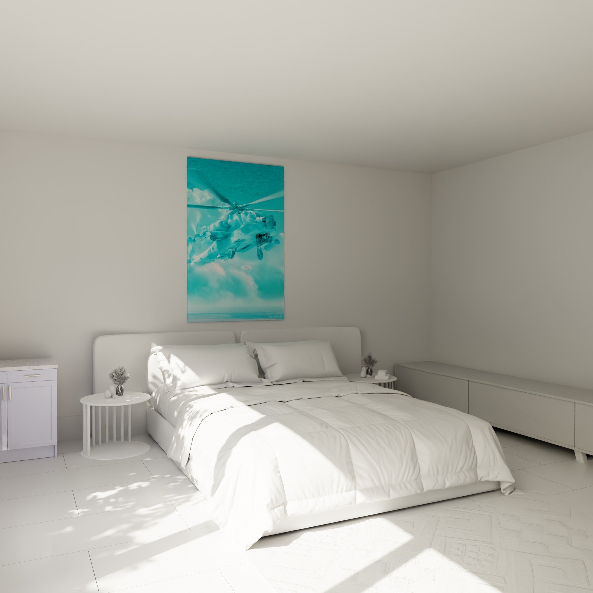 Appareil de combat turquoise et blanc en mouvement, accroché au-dessus d'un lit dans une chambre claire