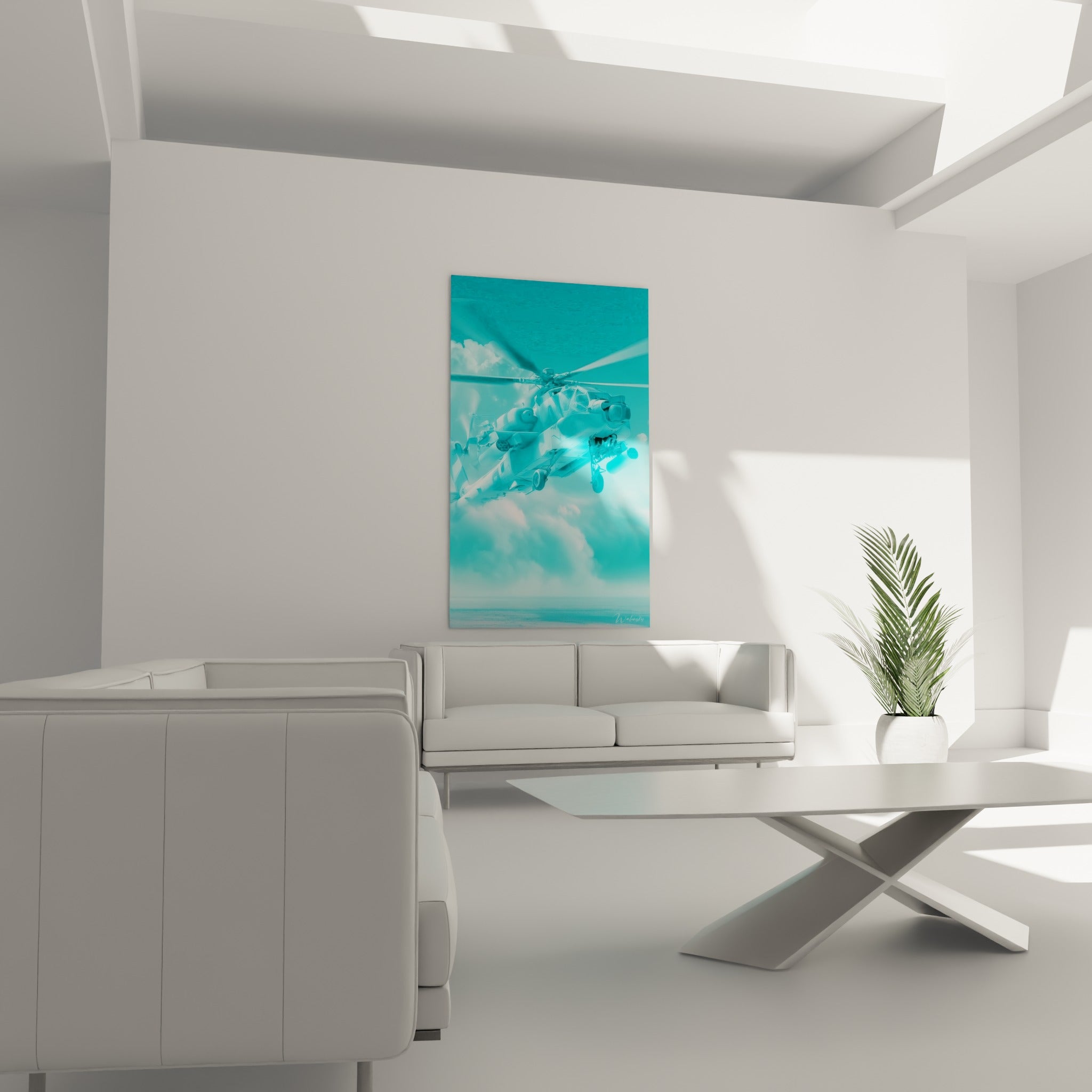 Rotor et fuselage turquoise clair en plein vol, disposés au-dessus d'un canapé dans un salon lumineux