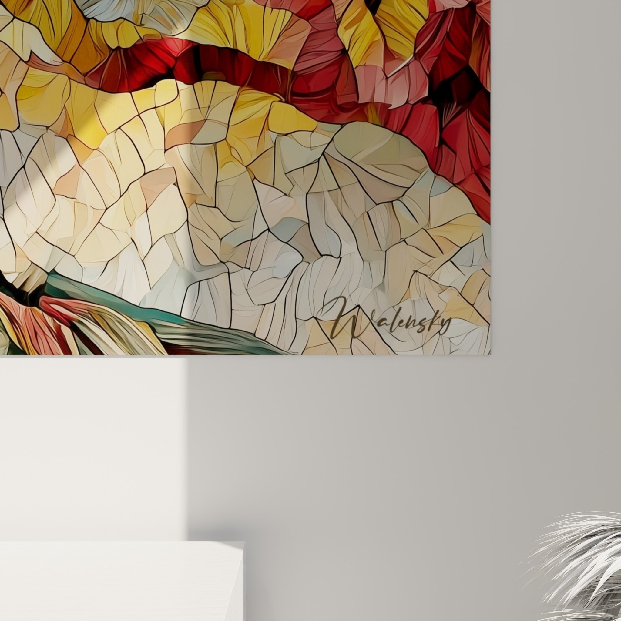 Fragments mosaïques rouge et ocre du drapeau militaire, traits noirs cernant chaque facette colorée