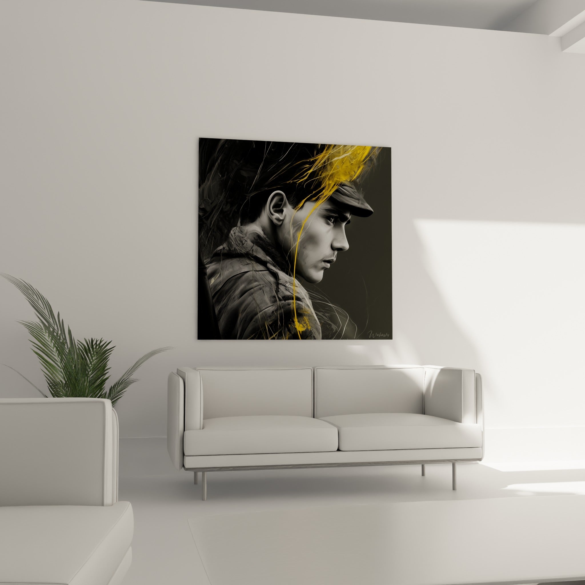 Portrait militaire en gris anthracite et jaune vif, casquette embrasée, au-dessus d'un canapé dans un salon lumineux