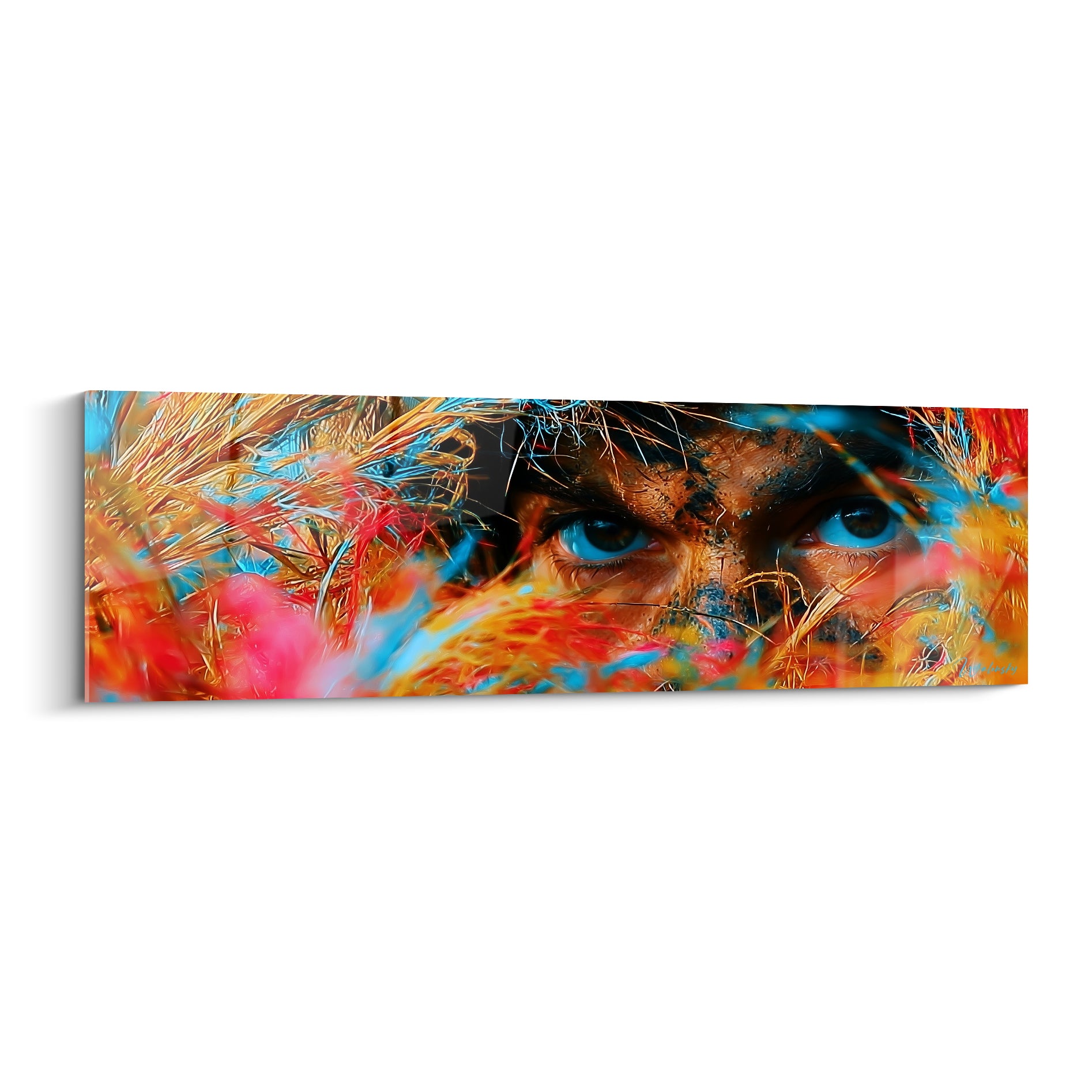 Regard bleu perçant dans un camouflage militaire rouge, orangé et turquoise texturé