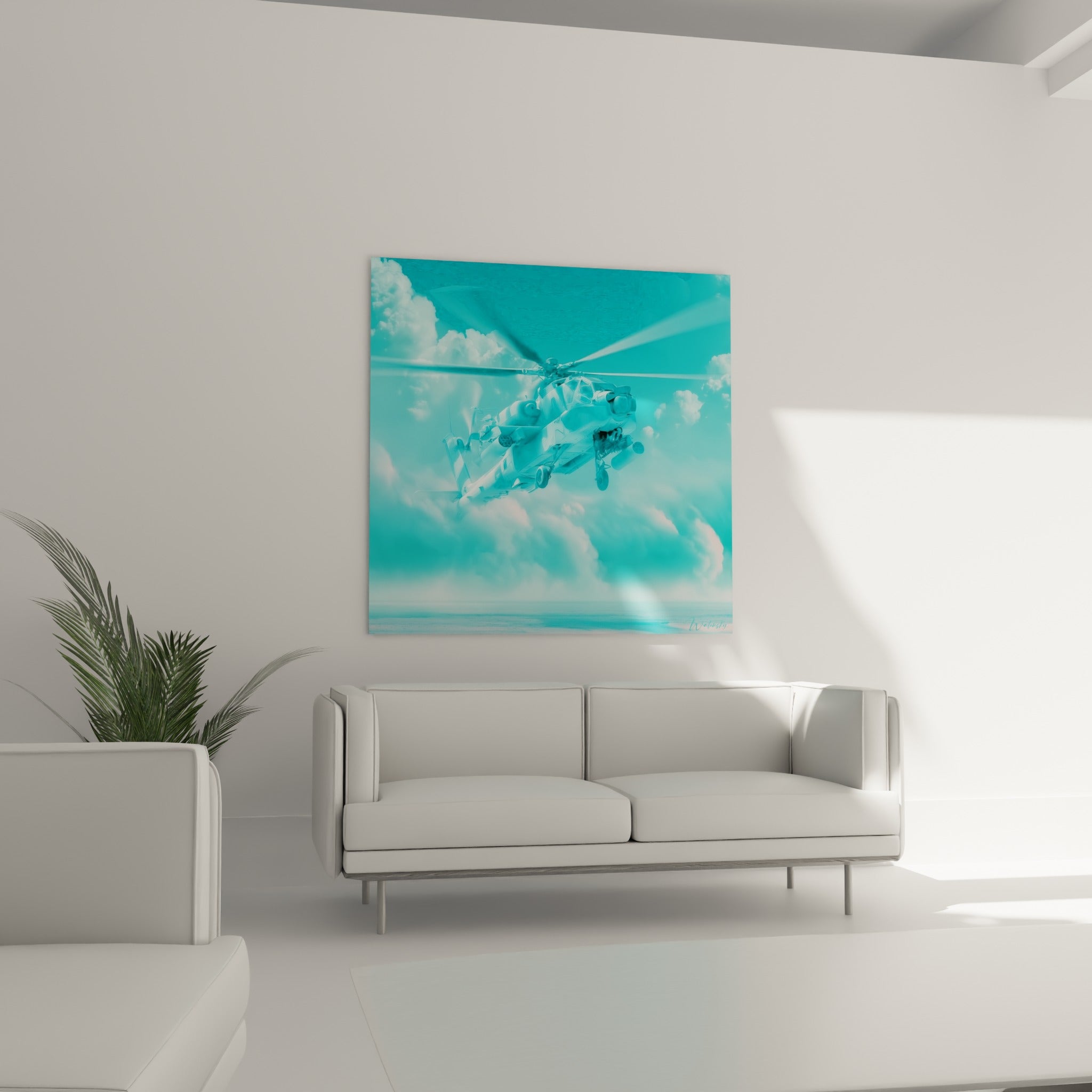 Rotor et fuselage turquoise pâle au-dessus d'un canapé dans un salon lumineux