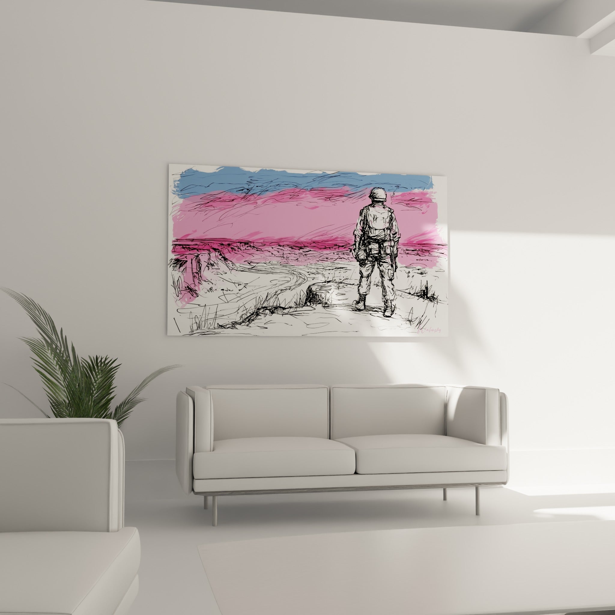 Silhouette de soldat en camouflage devant un dégradé rose et bleu marine, au-dessus d'un canapé dans un salon lumineux
