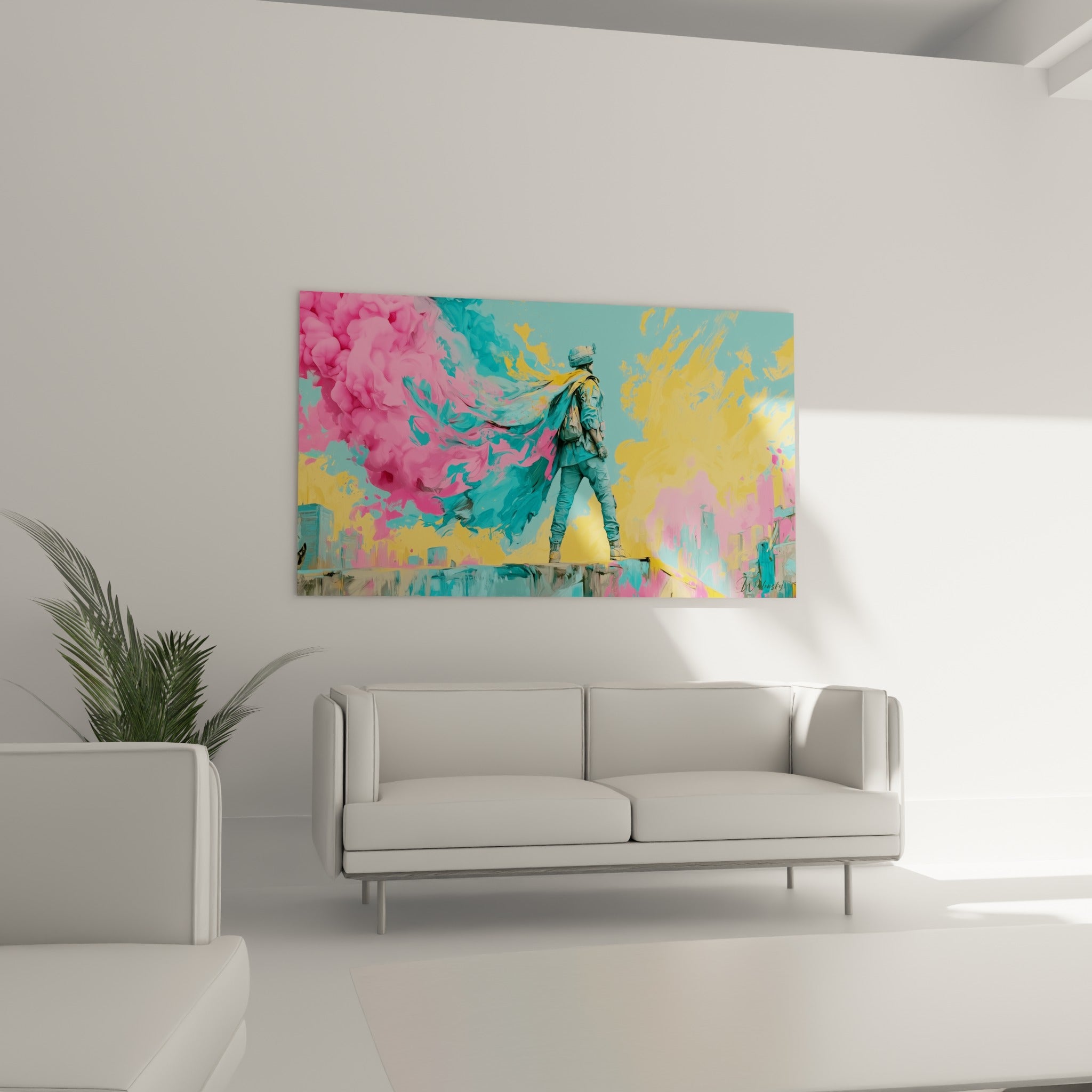 Personnage en uniforme et cape colorée jaune moutarde et rose, au-dessus d'un canapé dans un salon lumineux