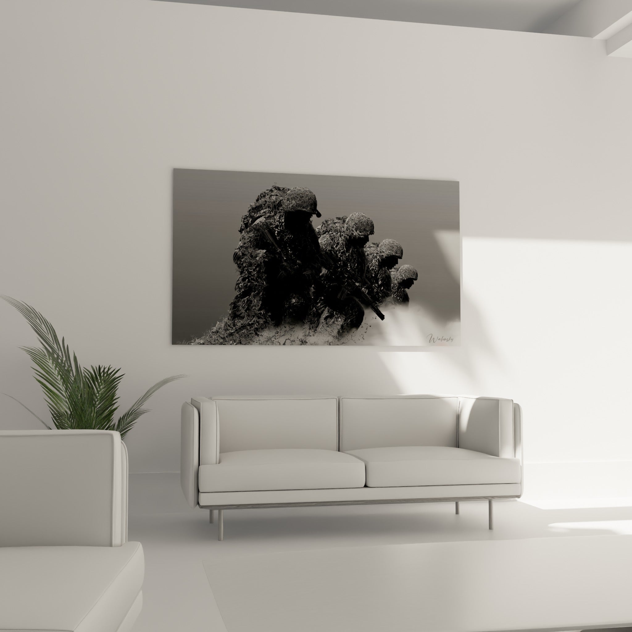 Silhouettes de soldats noires sculptées émergeant d'une fumée grisée, au-dessus d'un canapé dans un salon lumineux