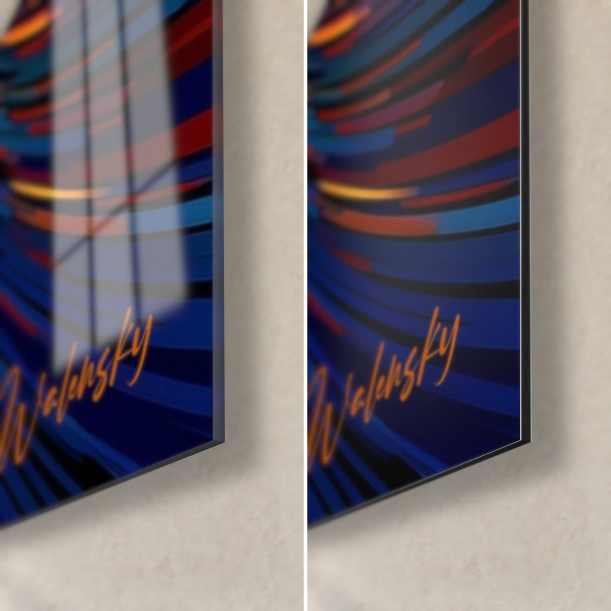 Tableau sous-marin stylisé, coin bas droit : verre acrylique brillant à gauche, alu Dibond mat à droite, rayures bleu marine et orange