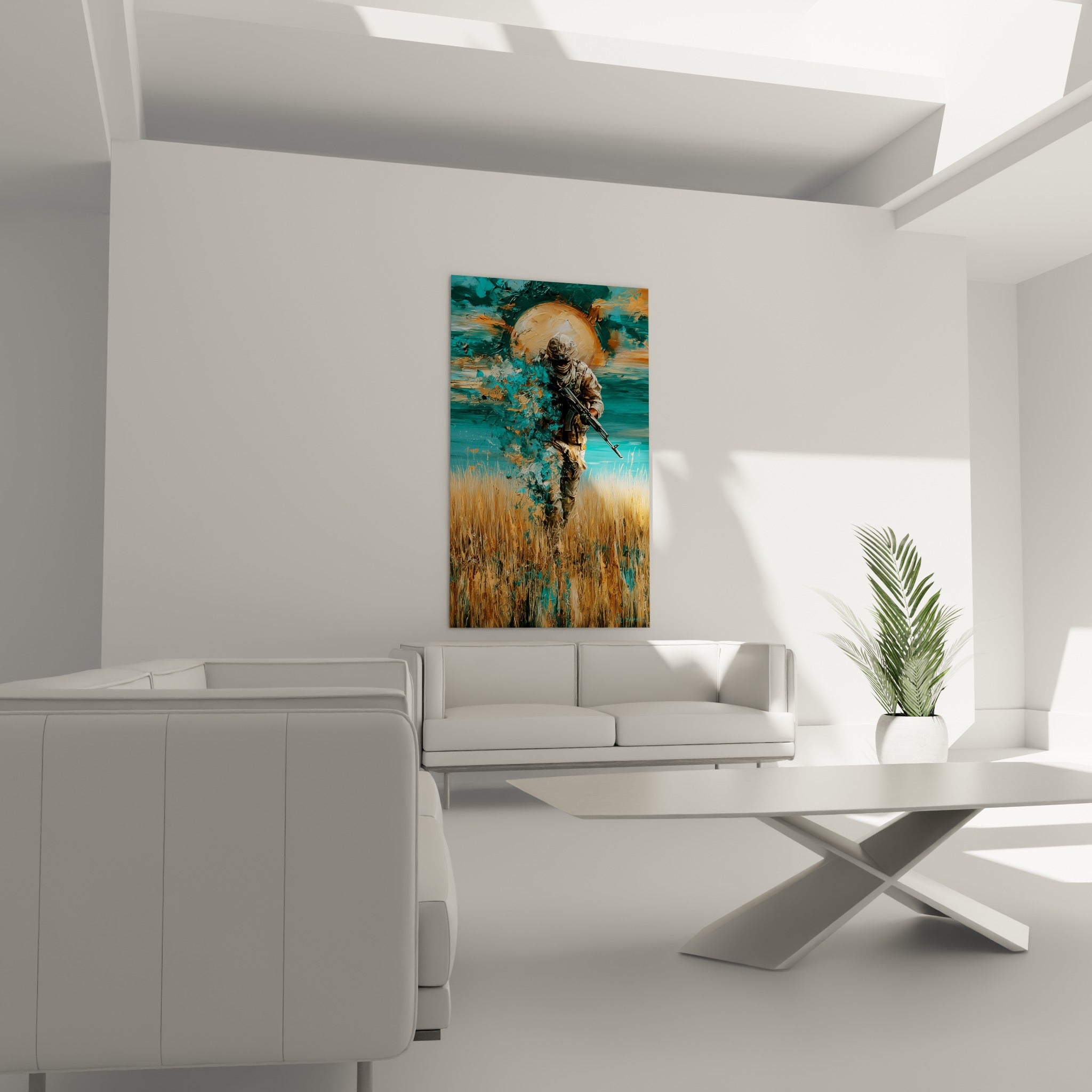 Militaire tenant une arme dans un champ doré, fragments turquoise dispersés, au-dessus d'un canapé dans un salon lumineux