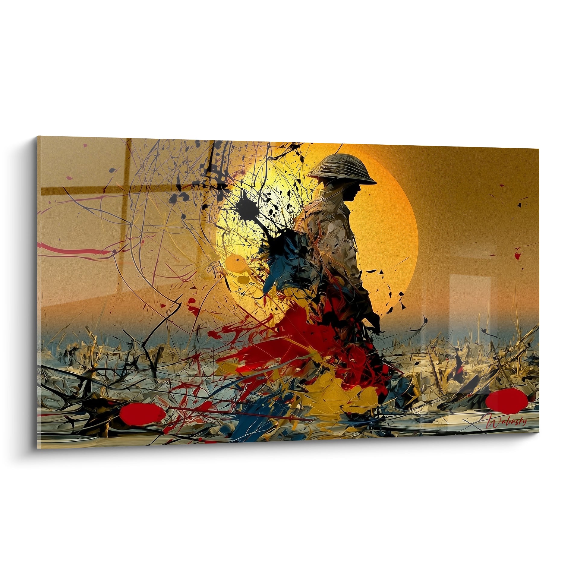 Soldat casqué militaire en silhouette dorée, éclaboussures rouges et bleu marine sur fond jaune ocre