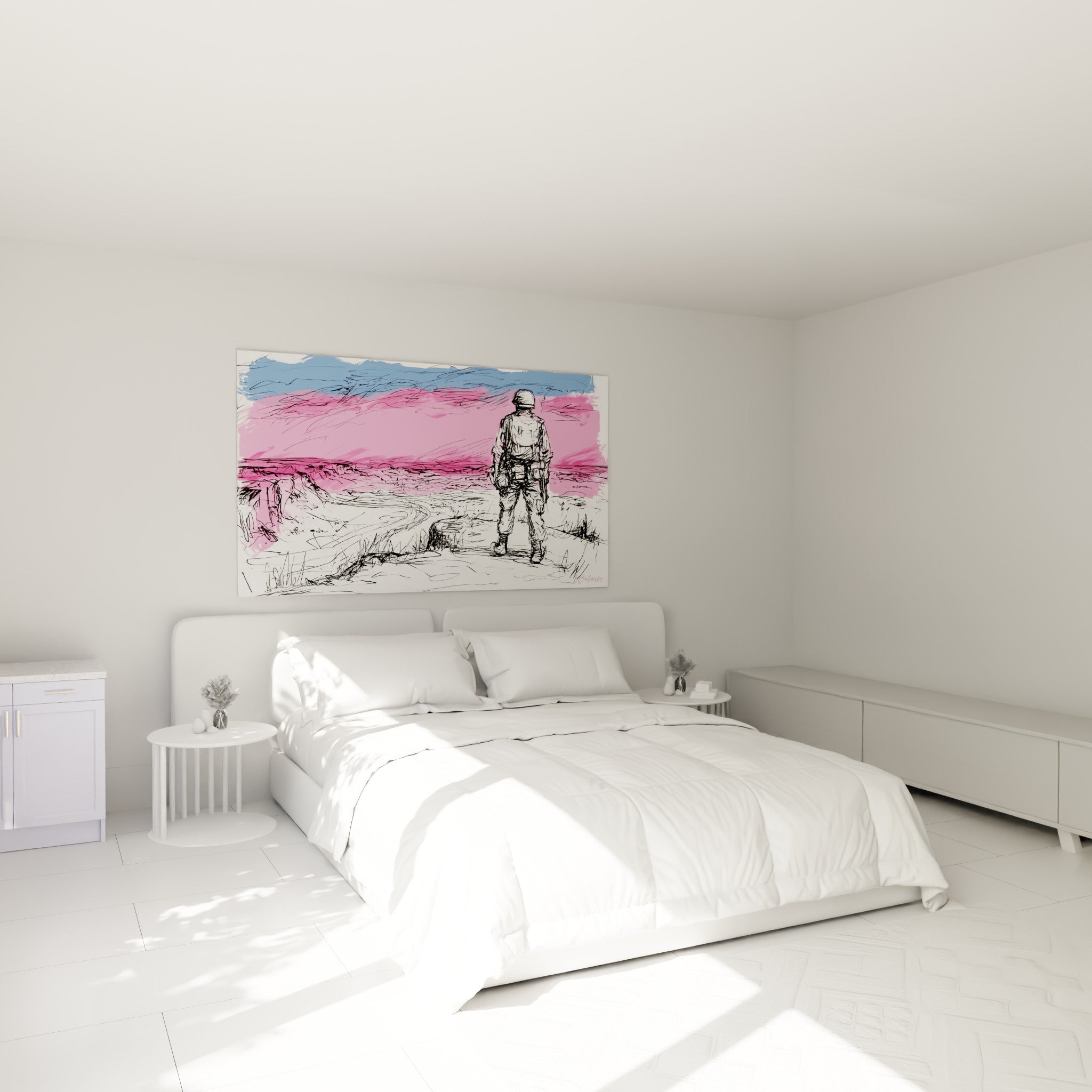 Militaire esquissé au ciel rose et bleu marine, accroché au-dessus d'un lit dans une chambre claire