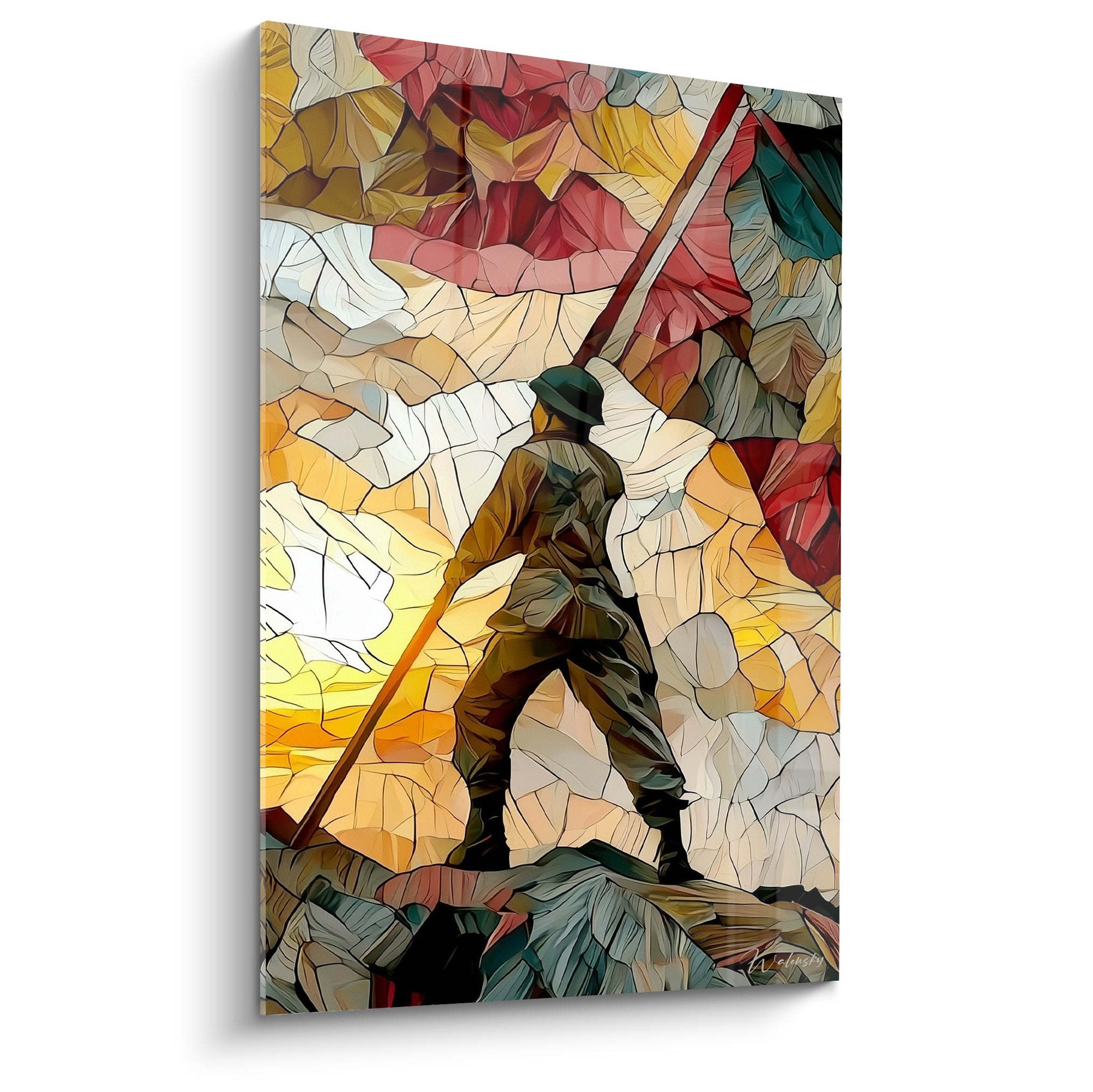 Soldat en kaki hissant un drapeau rouge sur fond ocre et doré façon vitrail