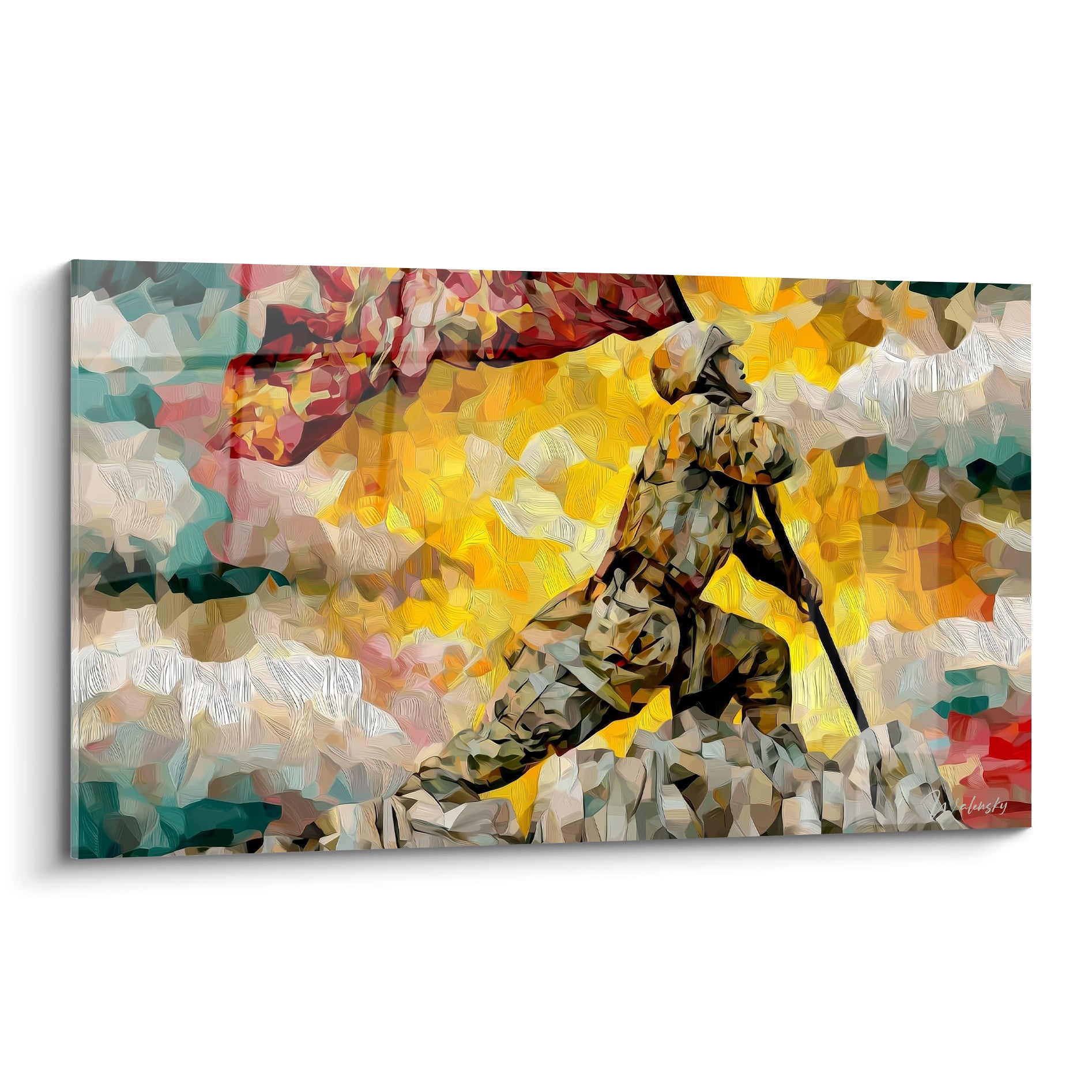 Soldat gravissant des rochers avec un drapeau rouge sur fond jaune ardent, style fragmenté militaire