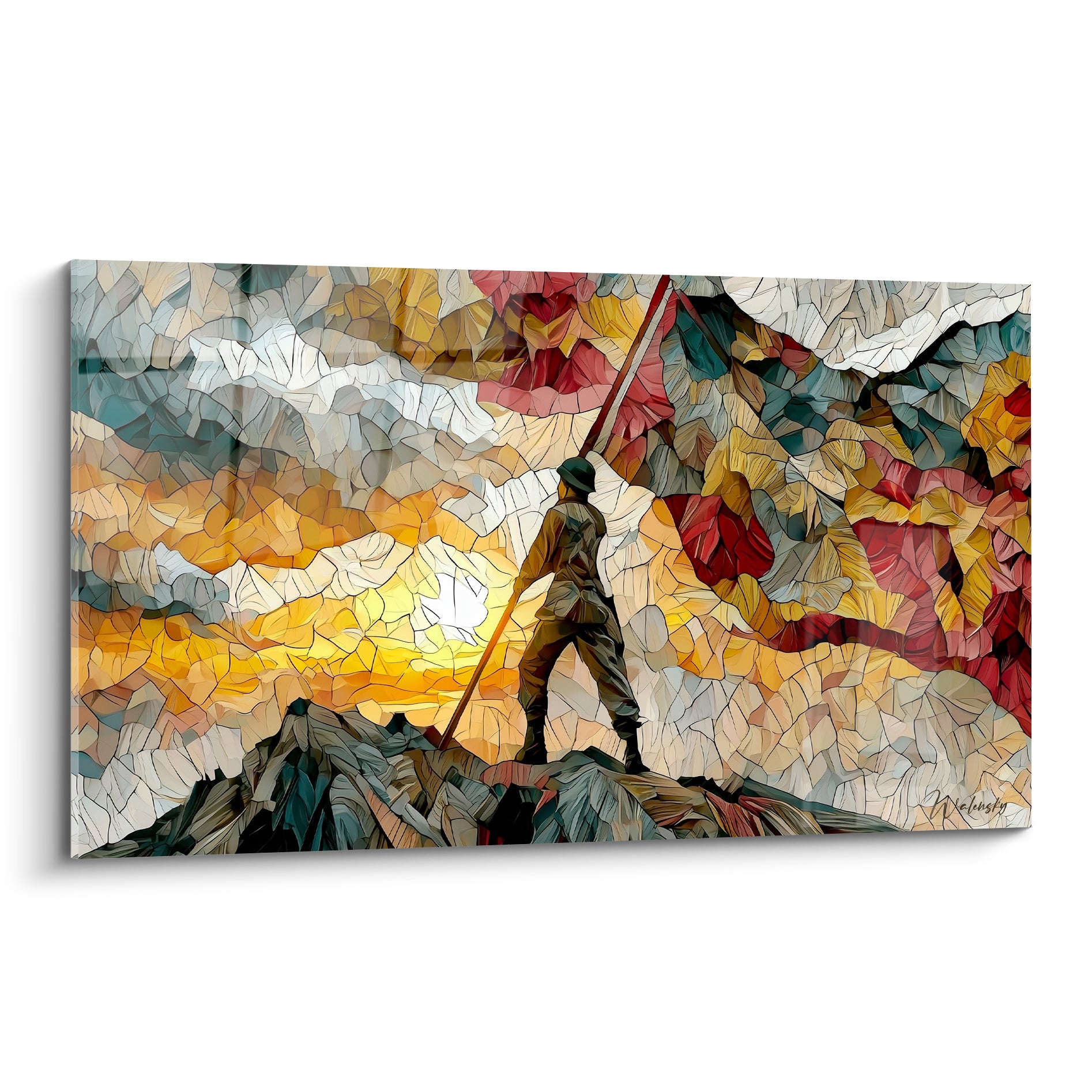 Soldat militaire hissant un drapeau rouge au sommet, ciel ocre et blanc en mosaïque éclatée