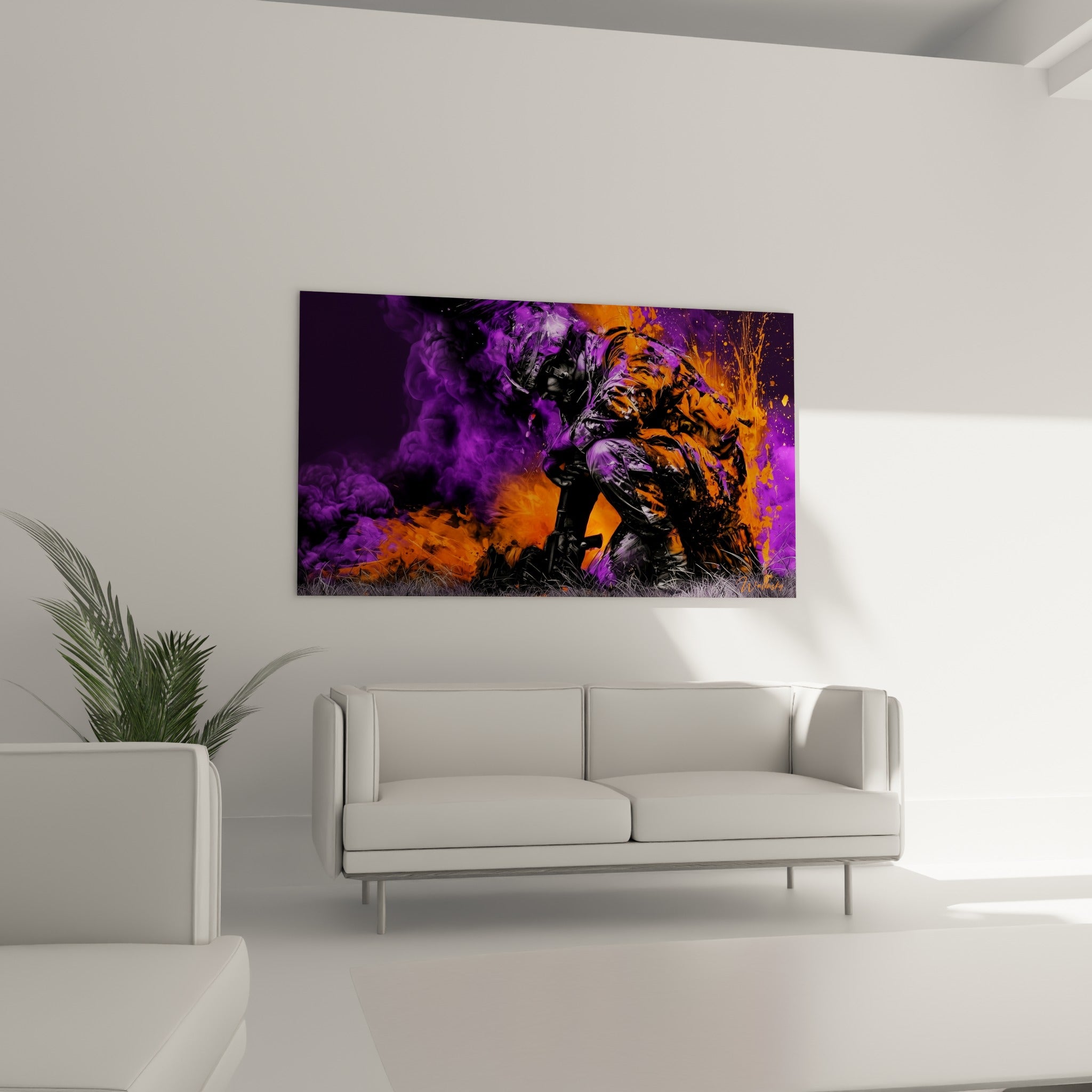 Militaire à genoux dans une fumée violette dense, éclaboussures orange fauve, au-dessus d'un canapé dans un salon lumineux