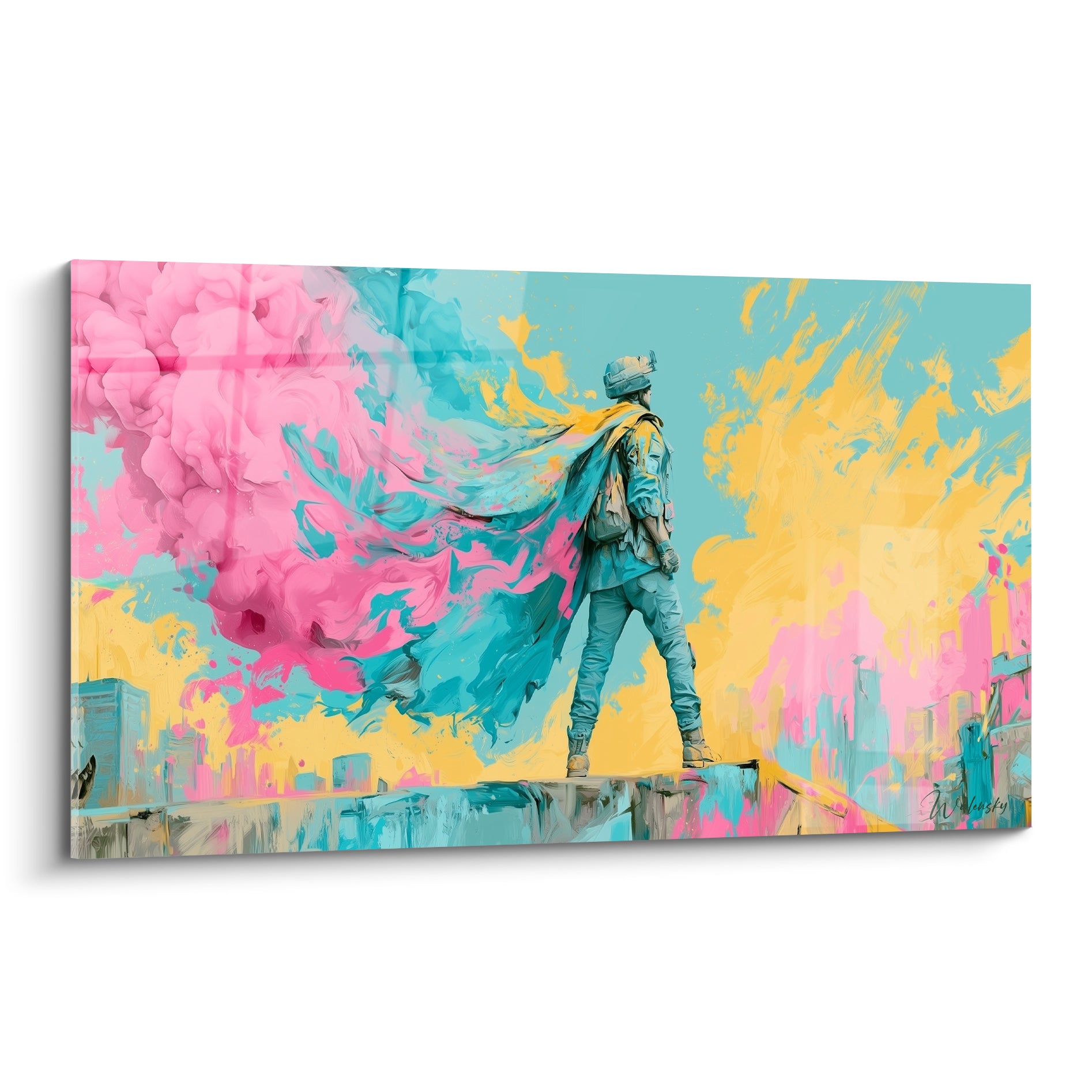 Soldat de dos en cape rose et turquoise dominant une ville, style aquarelle éclatante