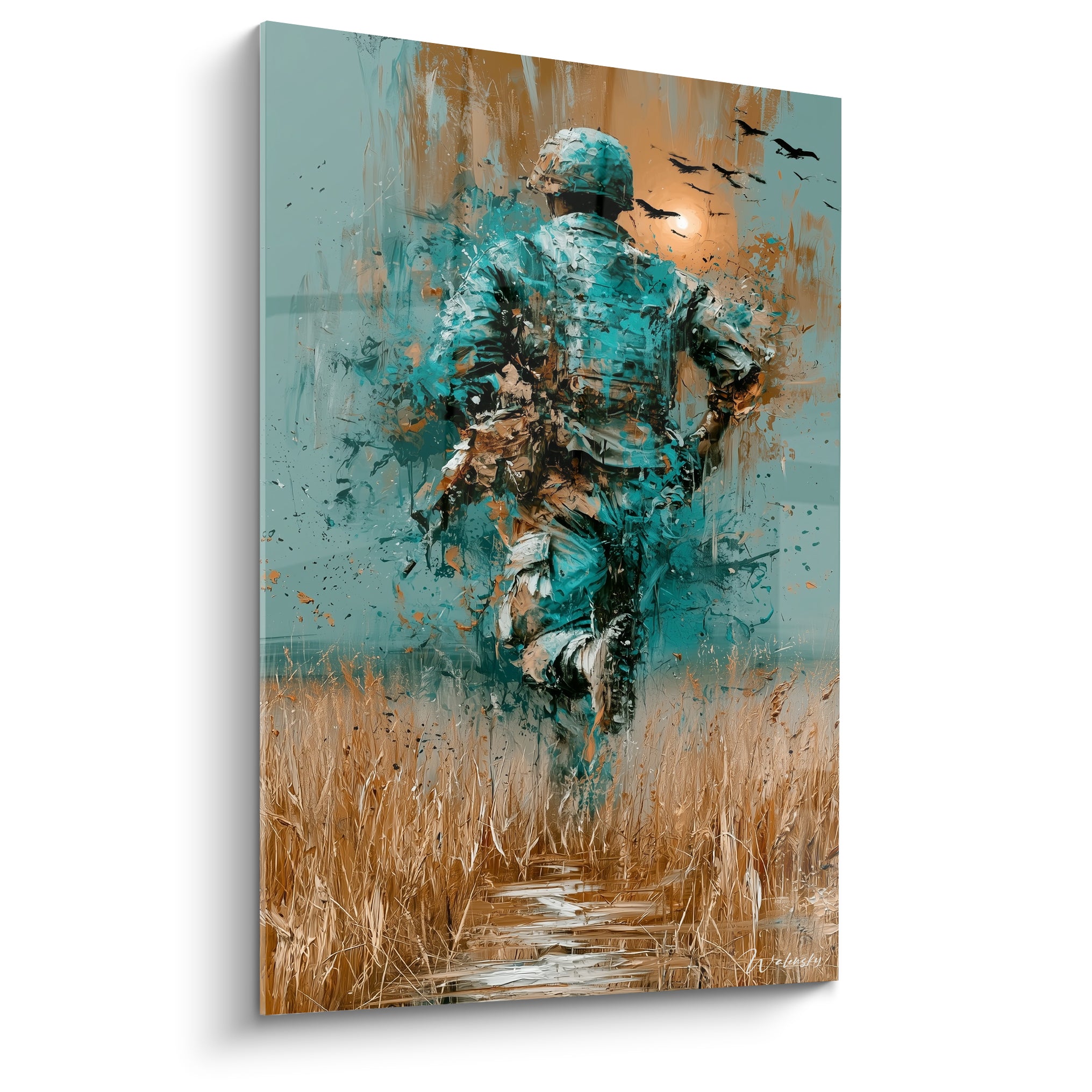 Soldat en turquoise et ocre marchant dans les roseaux, mouvement pictural expressif intense