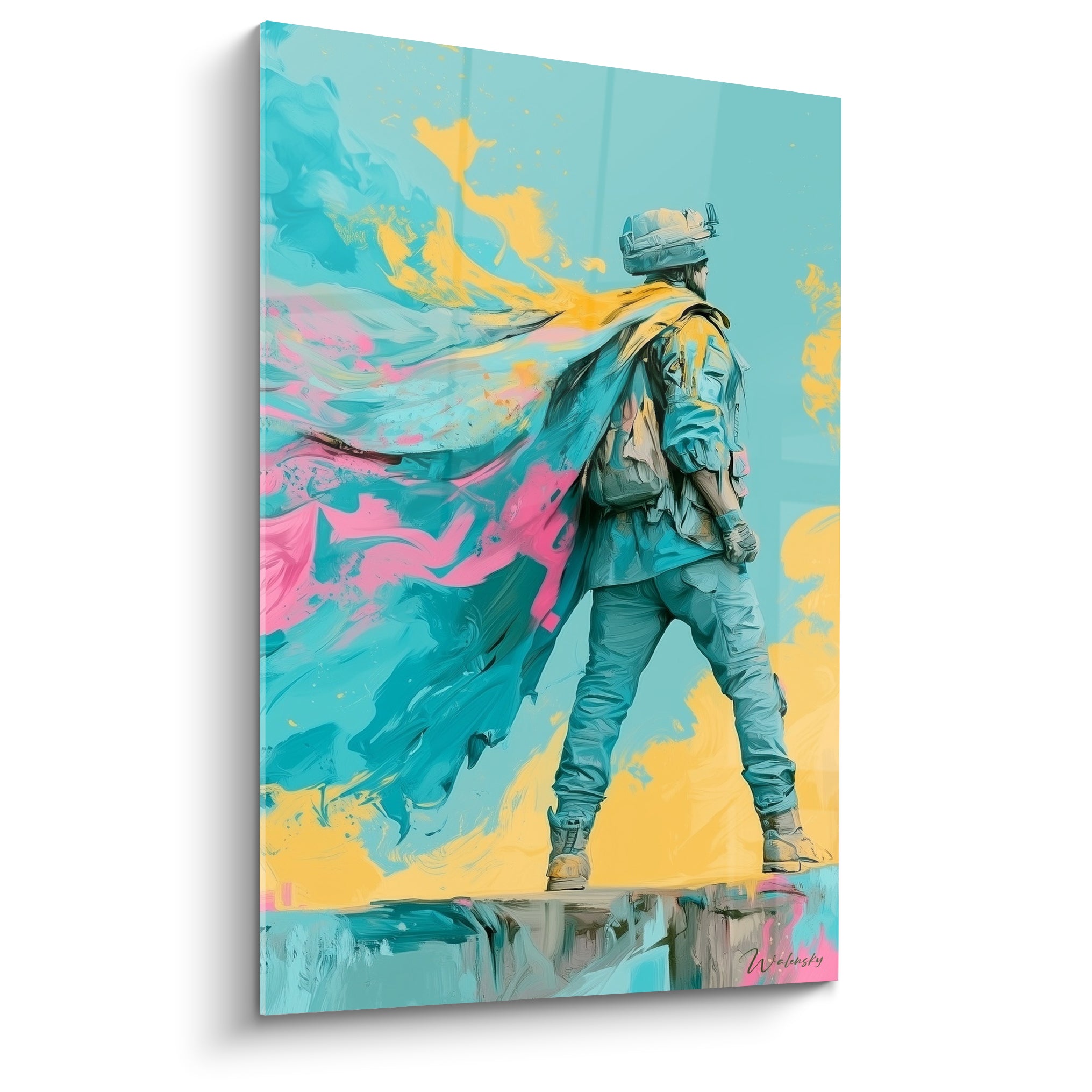 Soldat casqué vu de dos face à un tourbillon turquoise, jaune et rose fuchsia peint en larges touches
