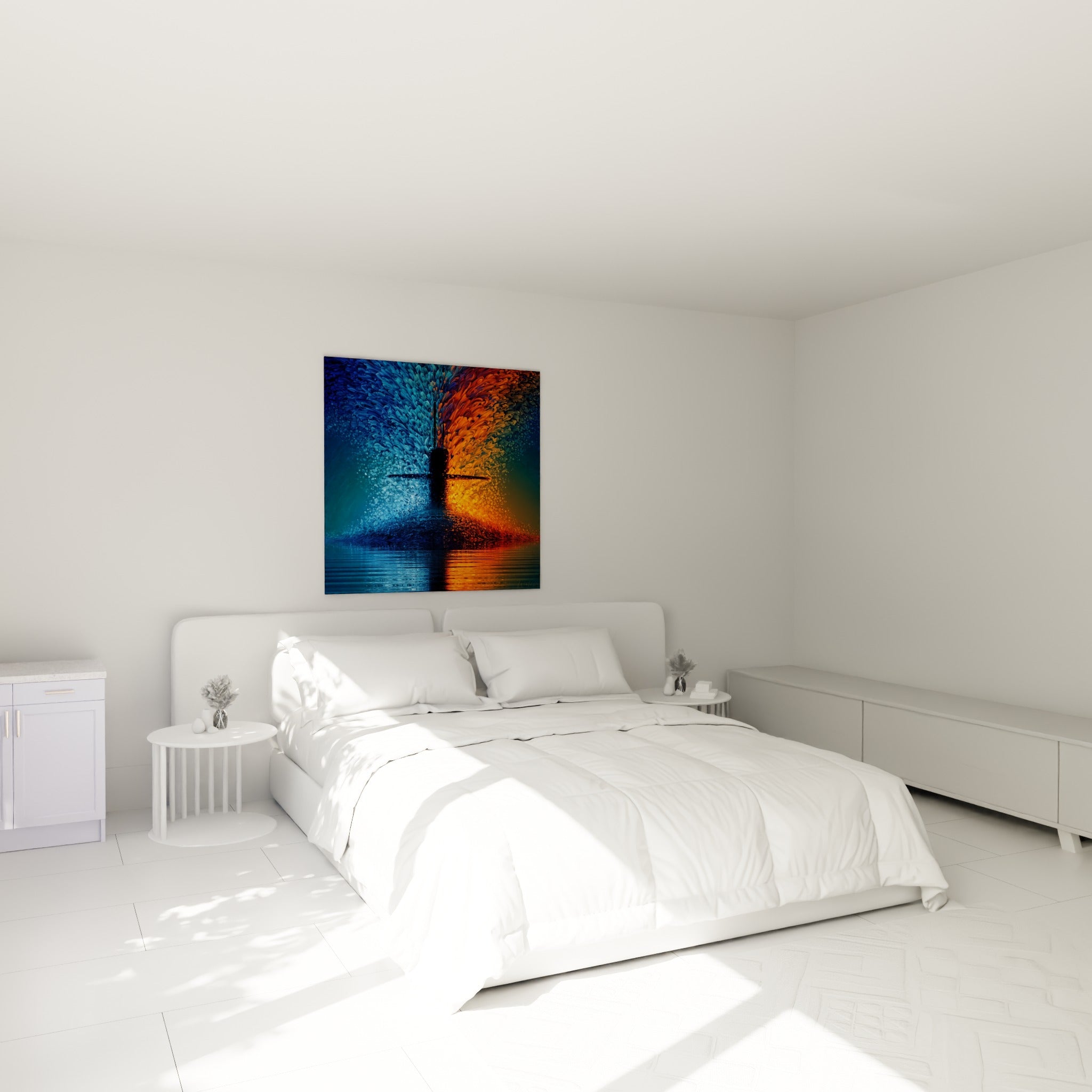 Silhouette de sous-marin fendant l'eau bleu marine et orange, au-dessus d'un lit dans une chambre claire