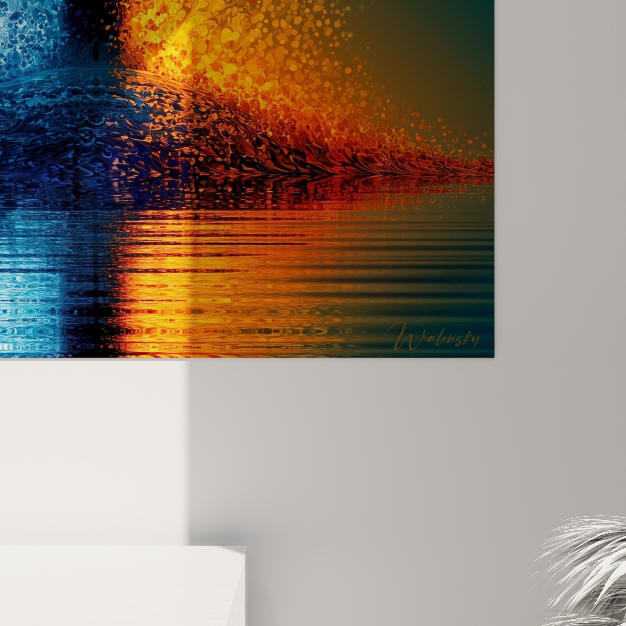 Empâtements tourbillonnants bleu marine et orange fauve où l'eau se mêle en vagues denses
