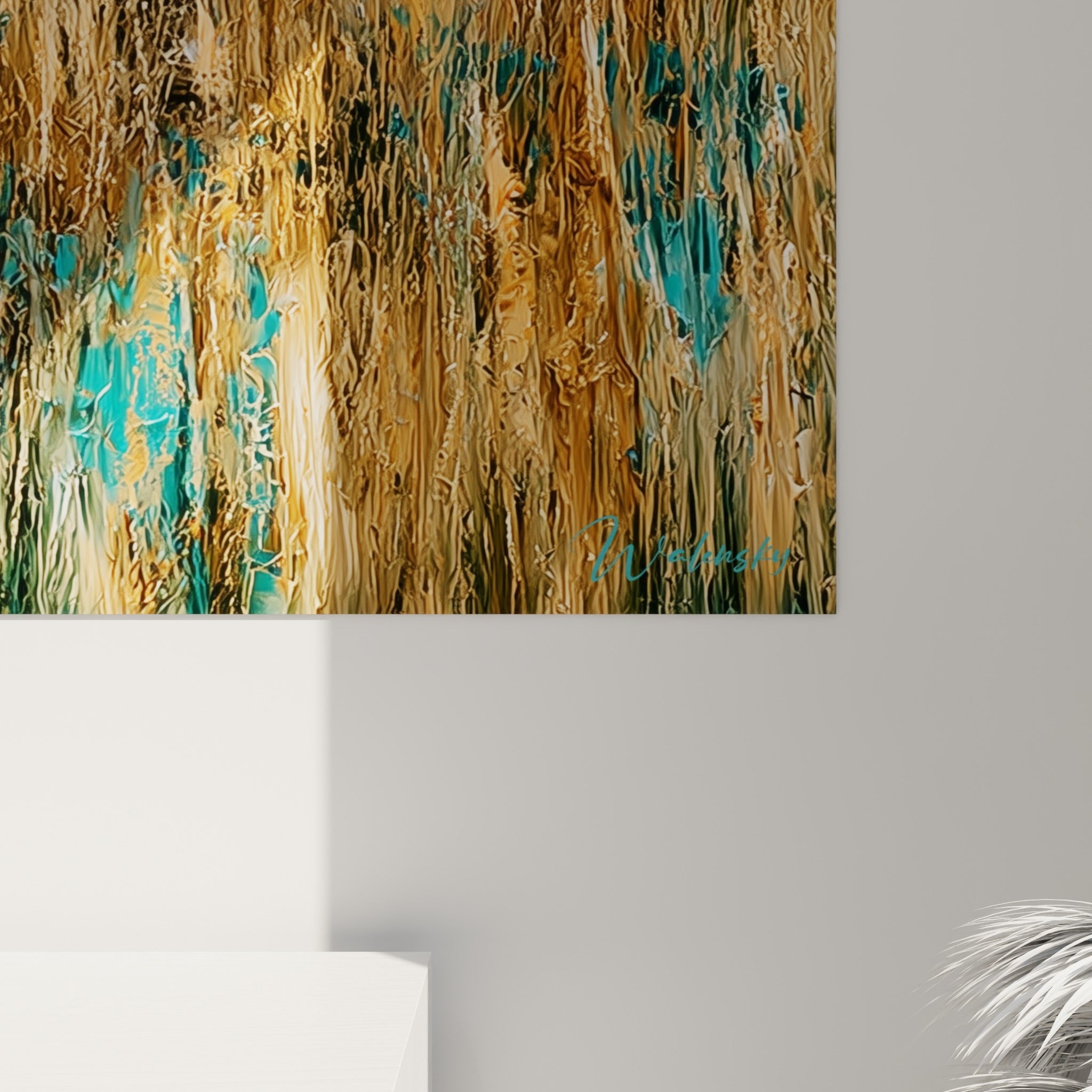 Empâtements turquoise et ocre se mêlant sur la silhouette fragmentée du soldat, matière épaisse et coulures visibles