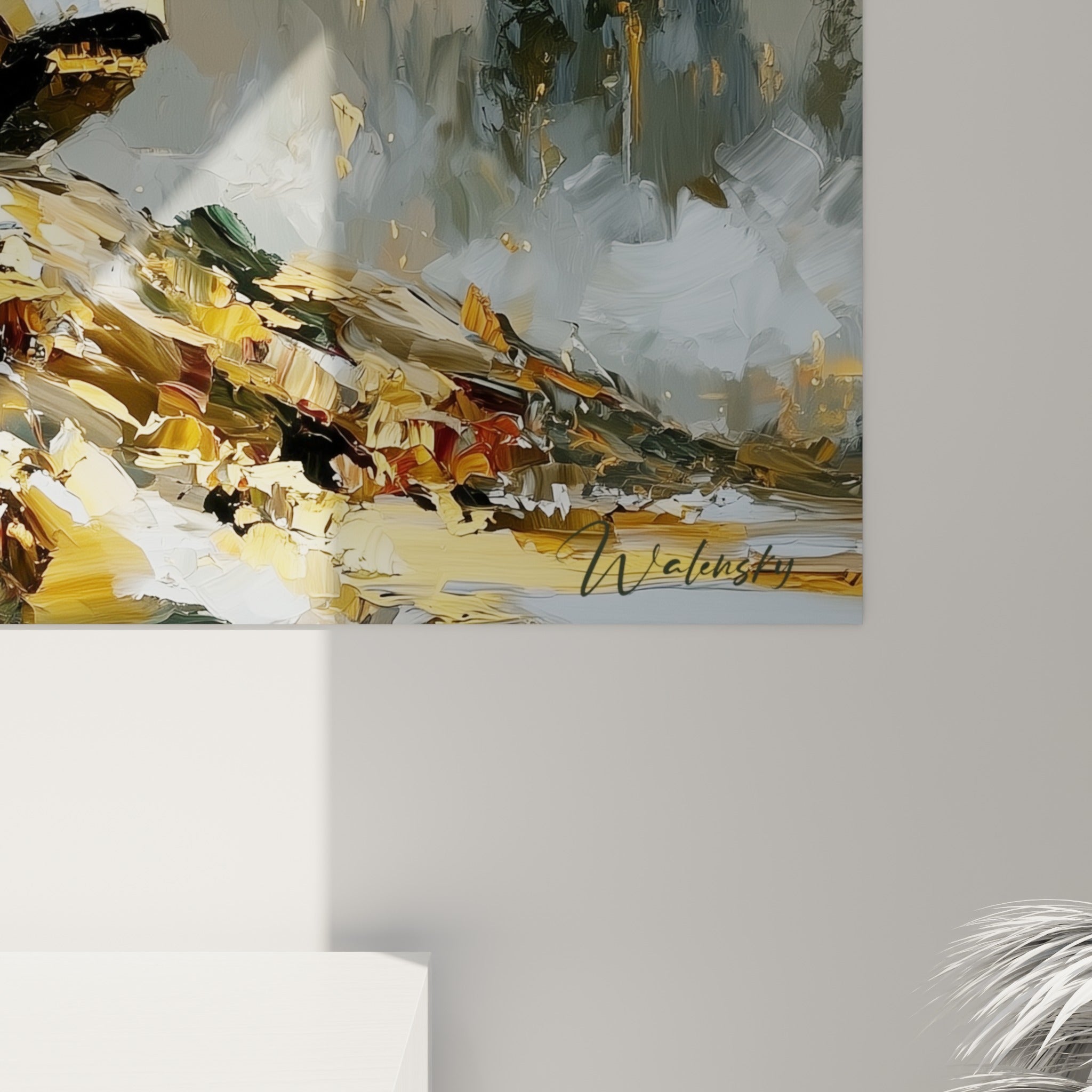 Empâtements dorés et gris capturant la matière du blindage et les coulures de lumière sur la neige