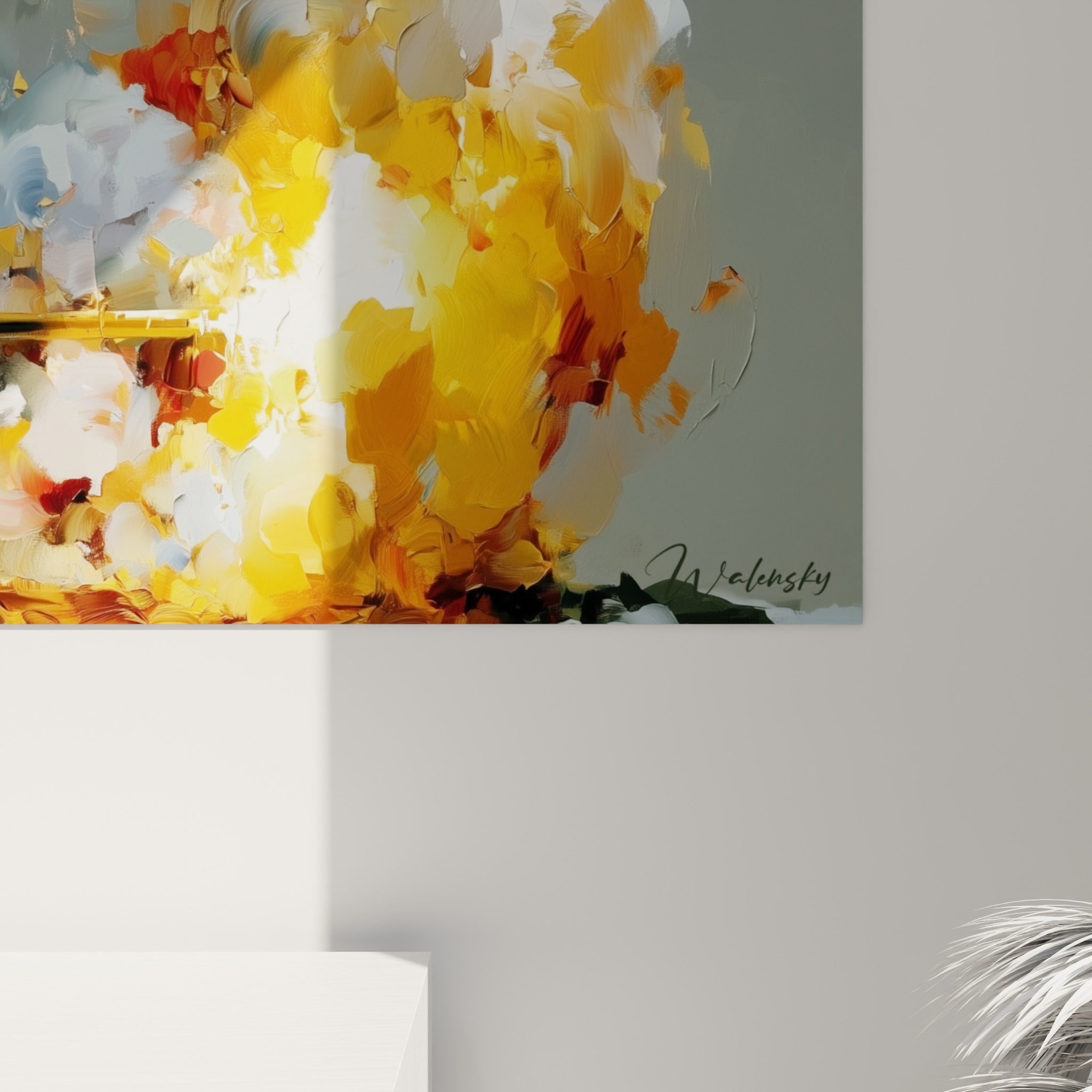 Empâtements de peinture orange et blanche fondus sur le canon du char en gros plan