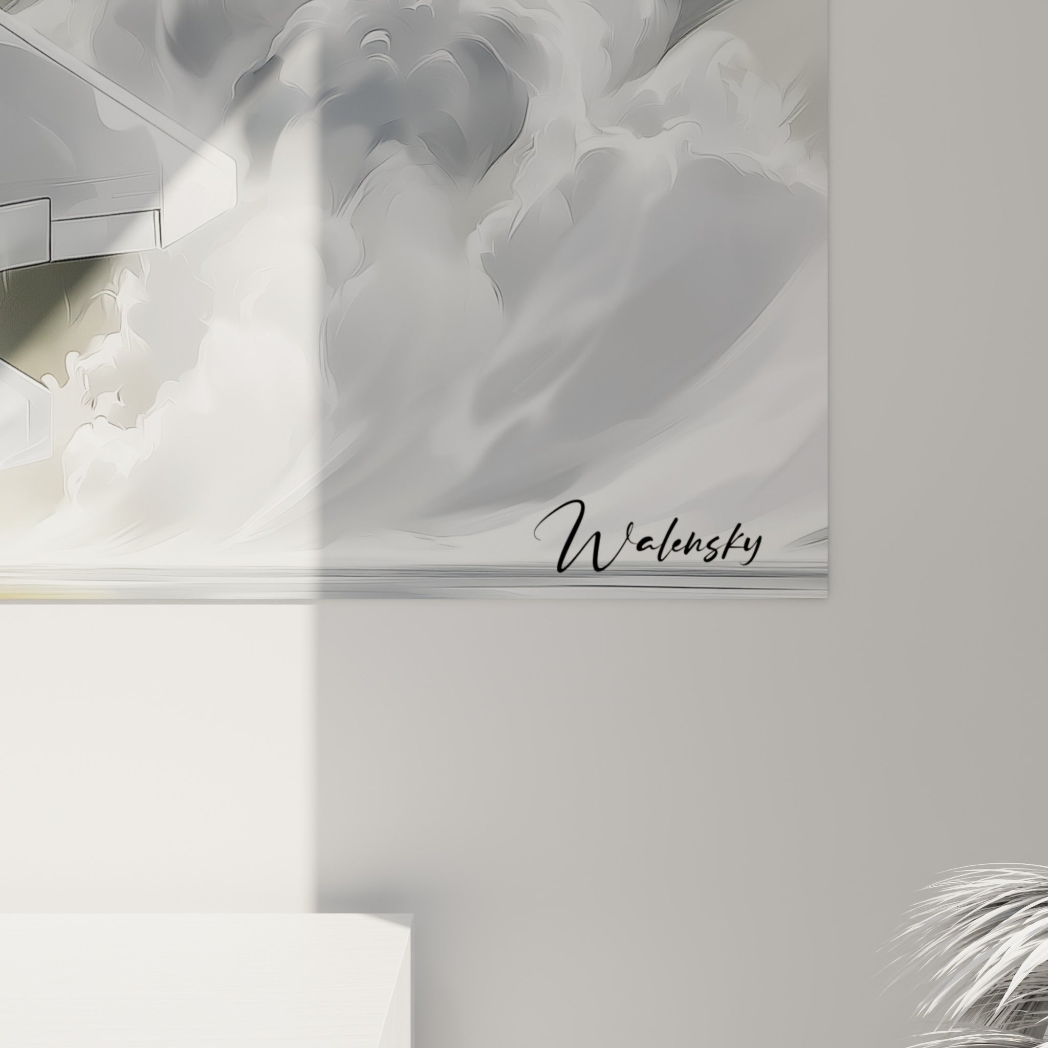 Détail des empâtements gris et blancs de la fumée peinte, révélant la texture fine de l'impression militaire