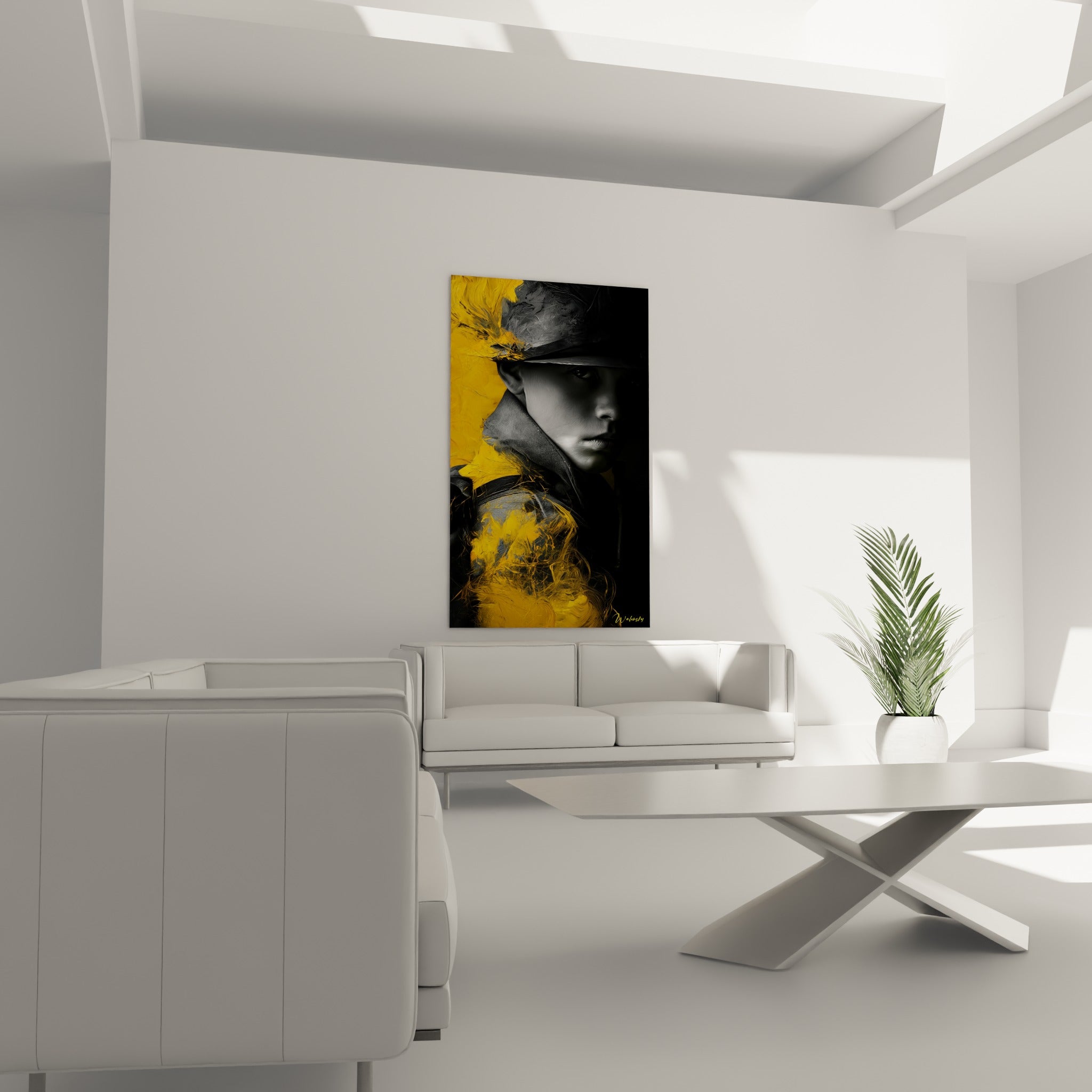 Visage de profil sous un chapeau anthracite, touches jaunes vives, au-dessus d'un canapé dans un salon lumineux