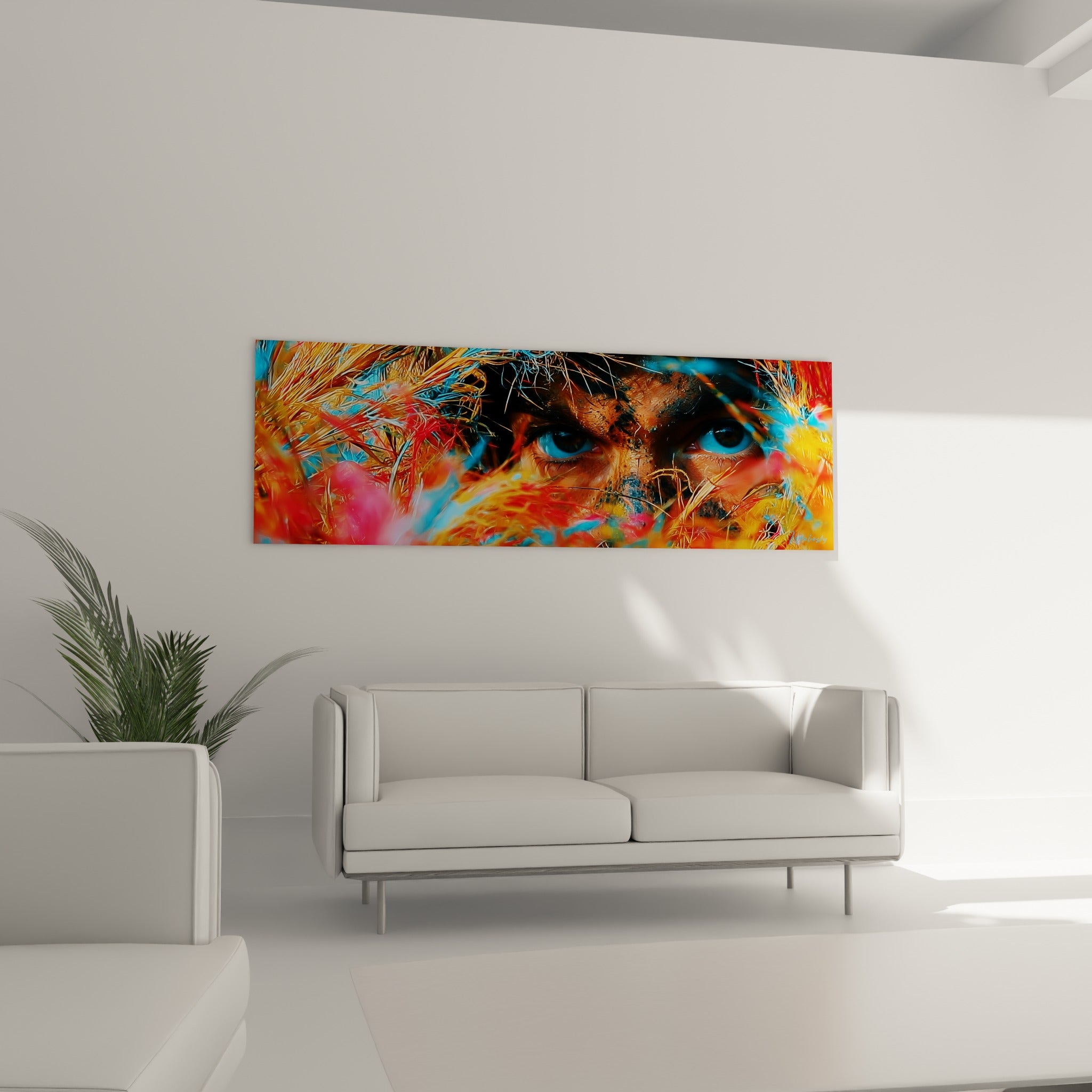 Visage dissimulé sous des fibres rouge et turquoise, tableau militaire au-dessus d'un canapé dans un salon lumineux