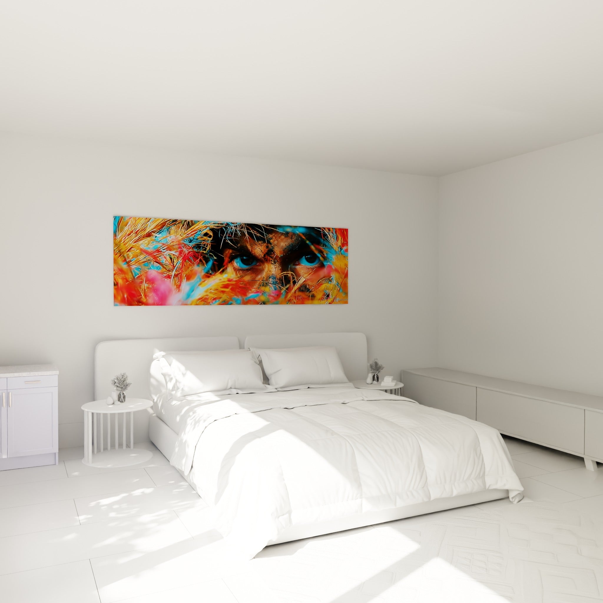 Yeux perçants noyés dans un camouflage coloré, tableau militaire au-dessus d'un lit dans une chambre claire