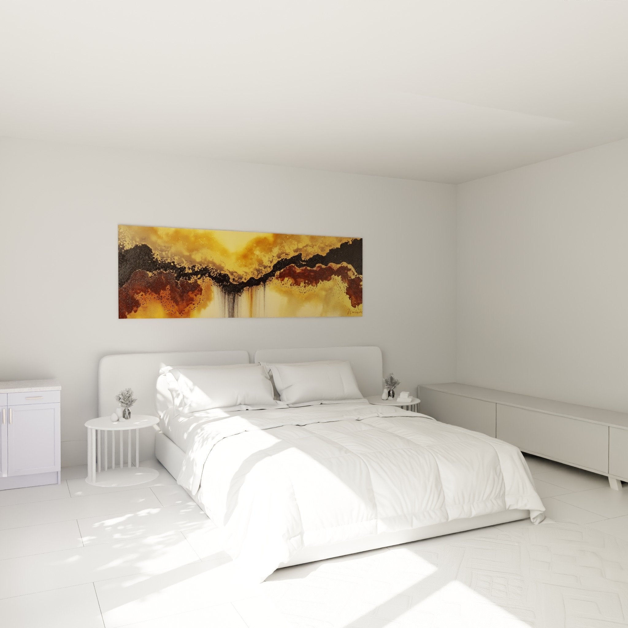 Tableau abstrait doré terre brûlée dans chambre moderne murs beiges mobilier bois naturel feng shui centre terre