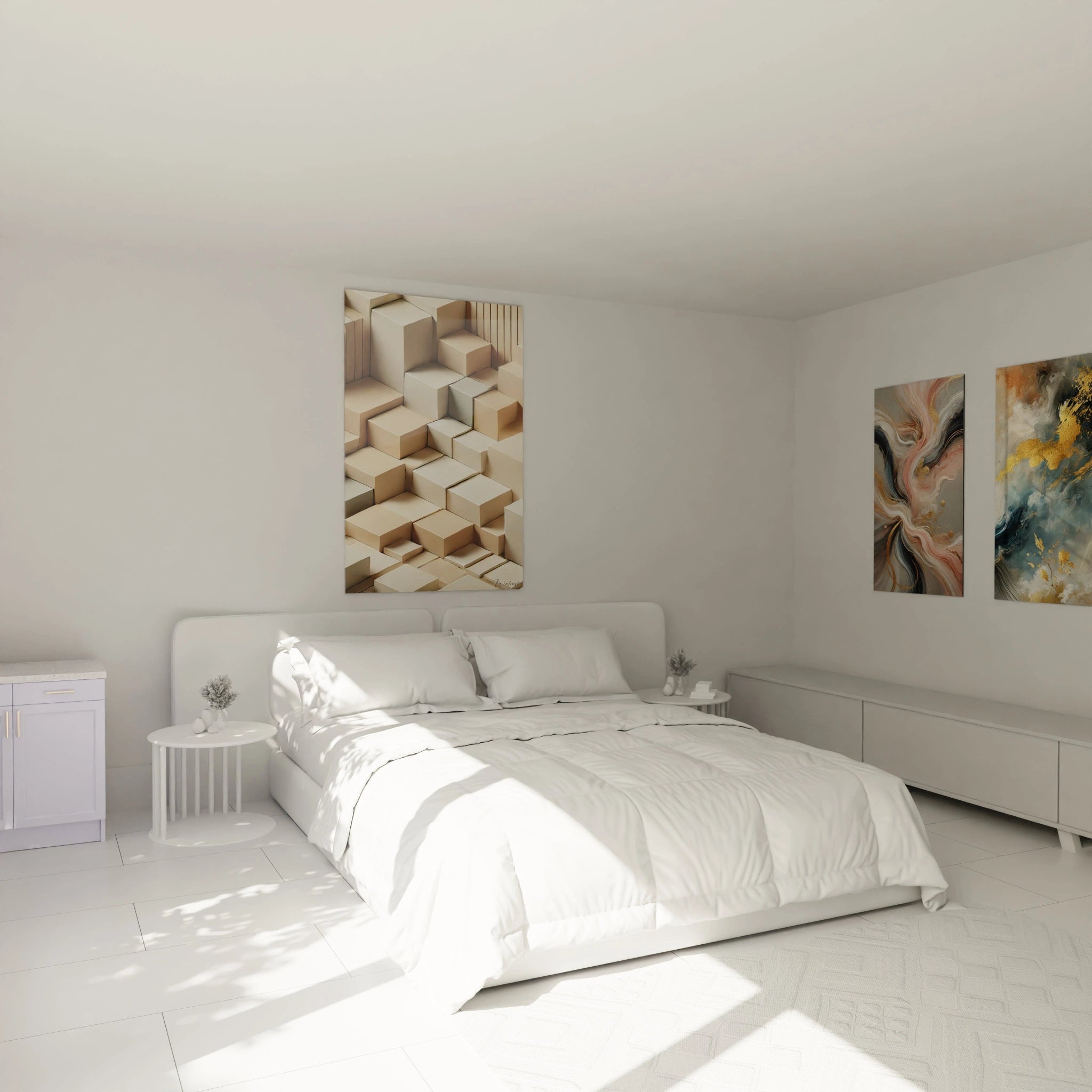 🛏 "Minimalisme Sculpté" accroché au-dessus du lit dans une chambre moderne. Les formes cubiques et les nuances subtiles ajoutent un sentiment de calme et de simplicité à l'espace. Tableau Chambre Minimaliste