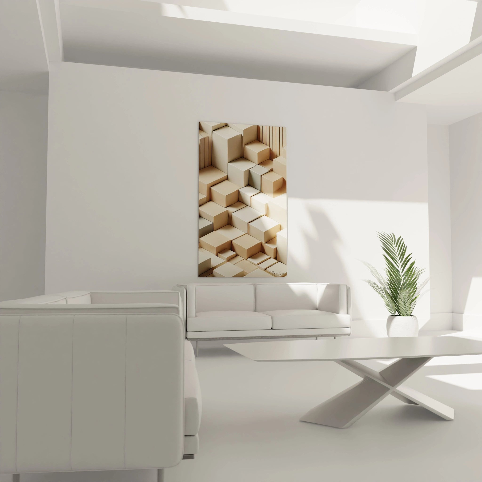 🛋 Le tableau "Minimalisme Sculpté" exposé au-dessus d'un canapé. Les cubes ordonnés et les contrastes subtils apportent une touche élégante et épurée au salon. Décoration Salon Contemporain