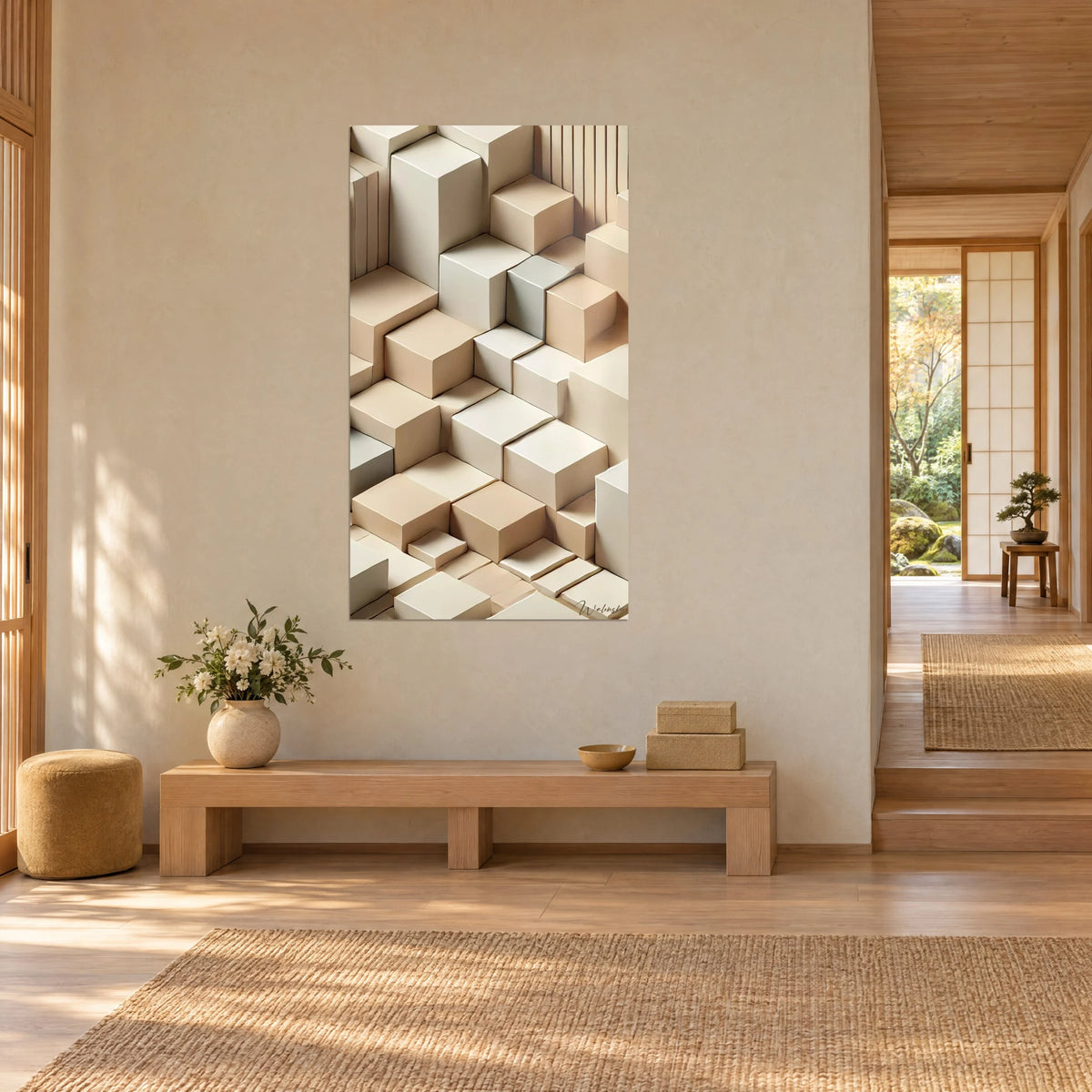 Gemälde Stapel geometrischer Blöcke in Creme und Graubeige, Hochformat, helle Putzwand, Holzbank, japandi Flur