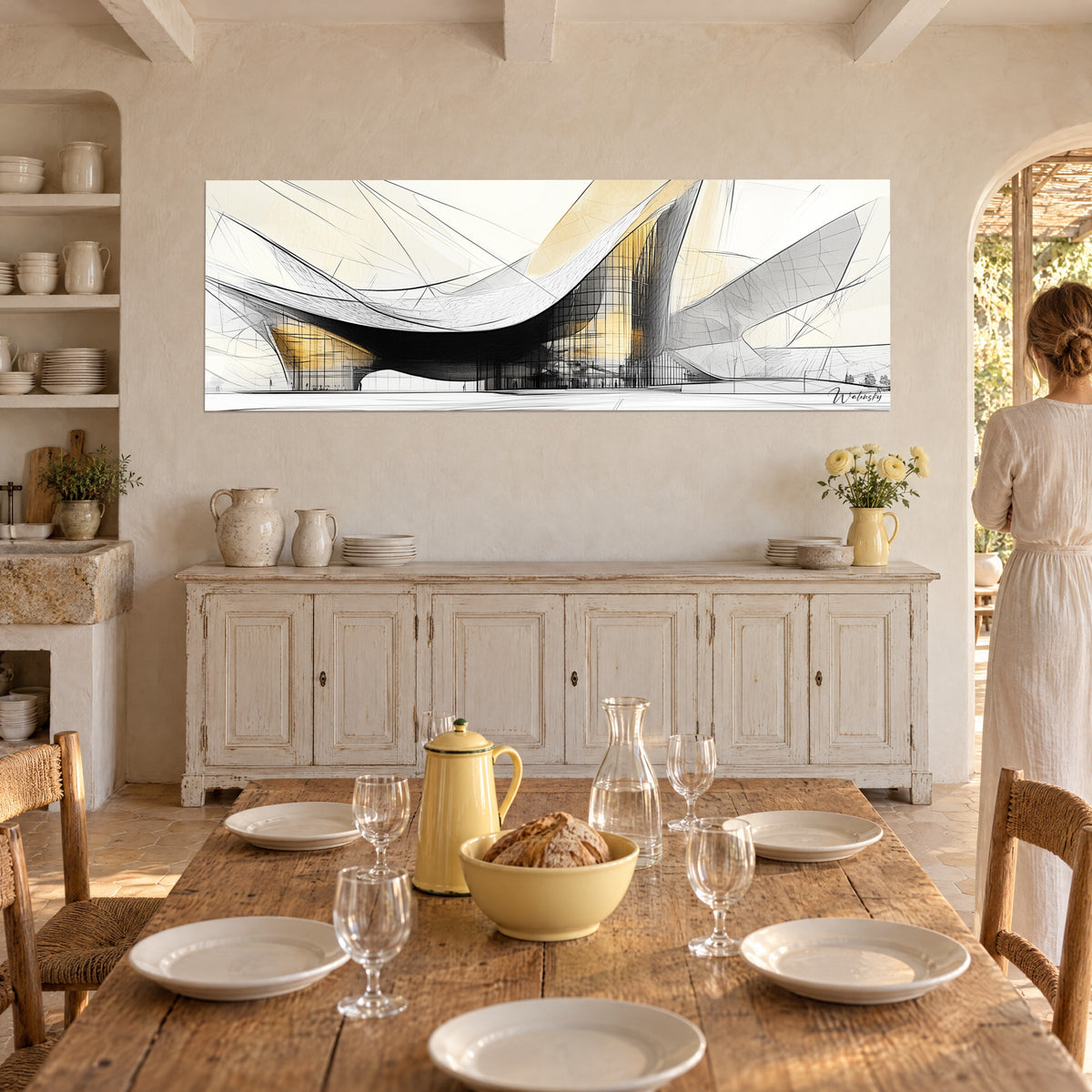 Cuadro techo en arco dibujado con trazo fino, reflejos amarillo miel y gris perla, encima de un aparador blanco, comedor