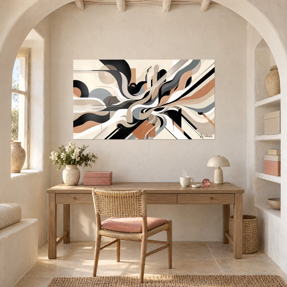Schilderij met verweven lijnen in blauwgrijs, zwart en terracotta, boven een houten bureau, met boog en planken