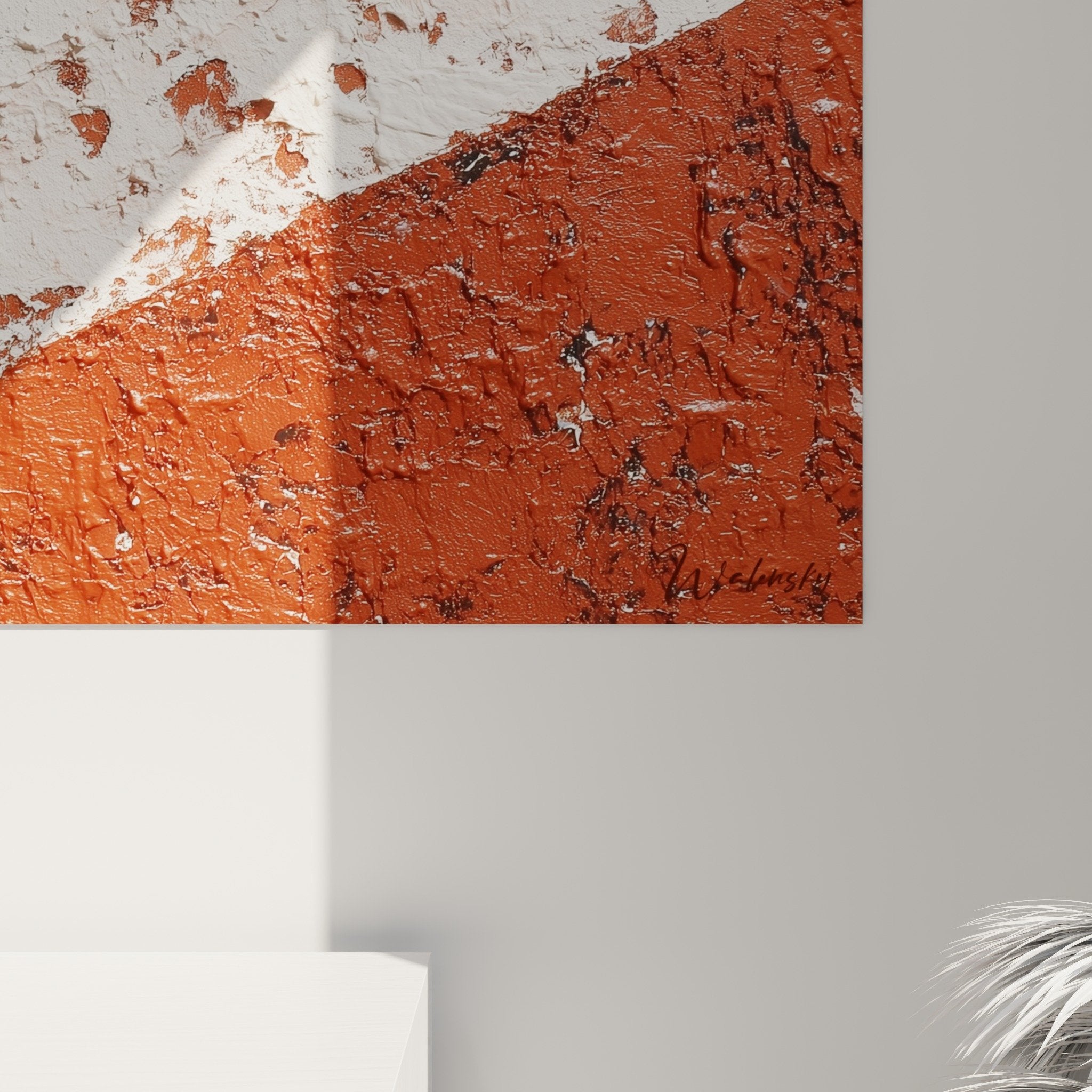 minimalist red white diagonal wall art in southwest earth feng shui interior
