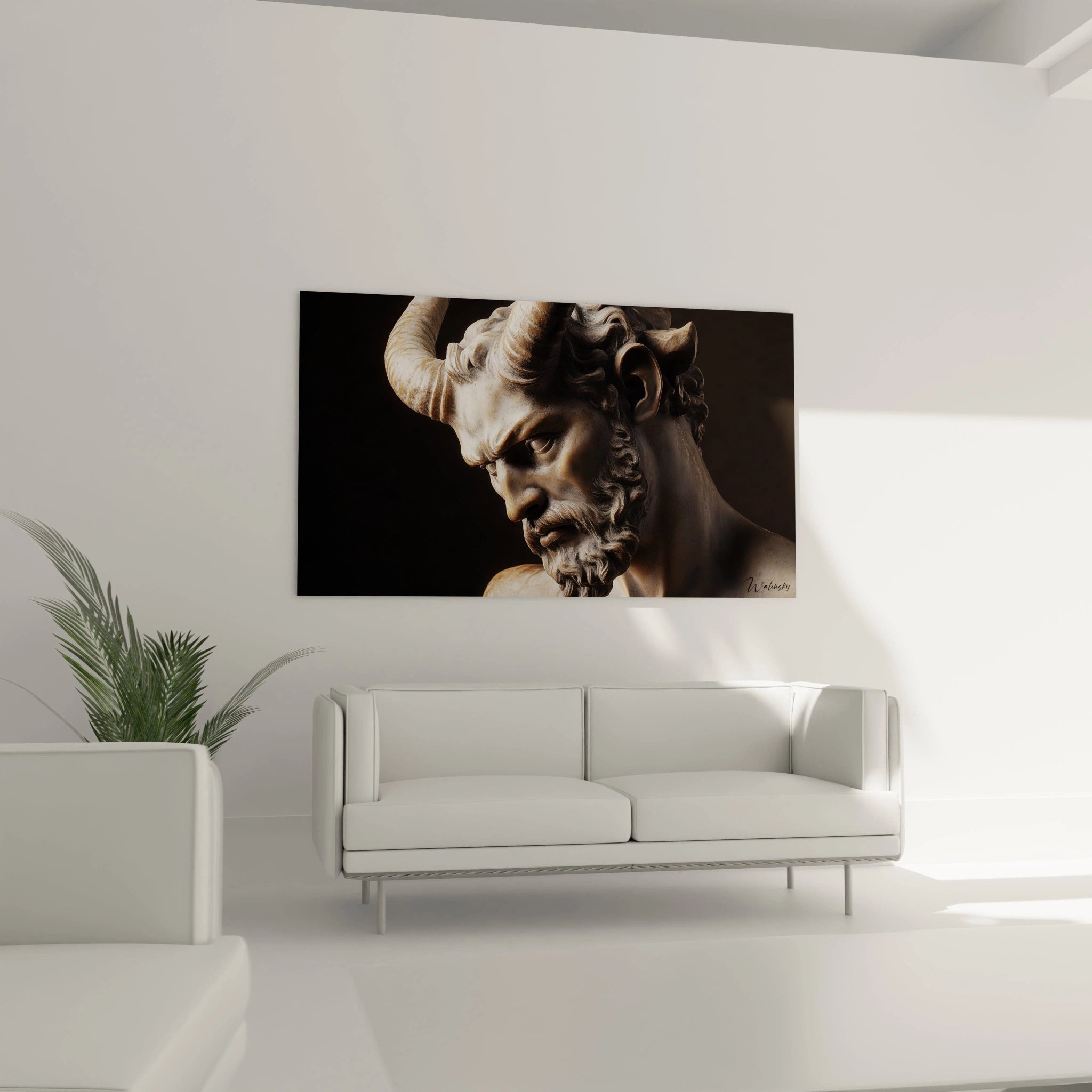 Un tableau satyre détaillant une créature mythique à mi-chemin entre l'homme et l'animal, avec cornes proéminentes et regard baissé. Nuances de beige et bronze, textures contrastées entre la peau lisse et les éléments capillaires texturés dans un style néoclassique.