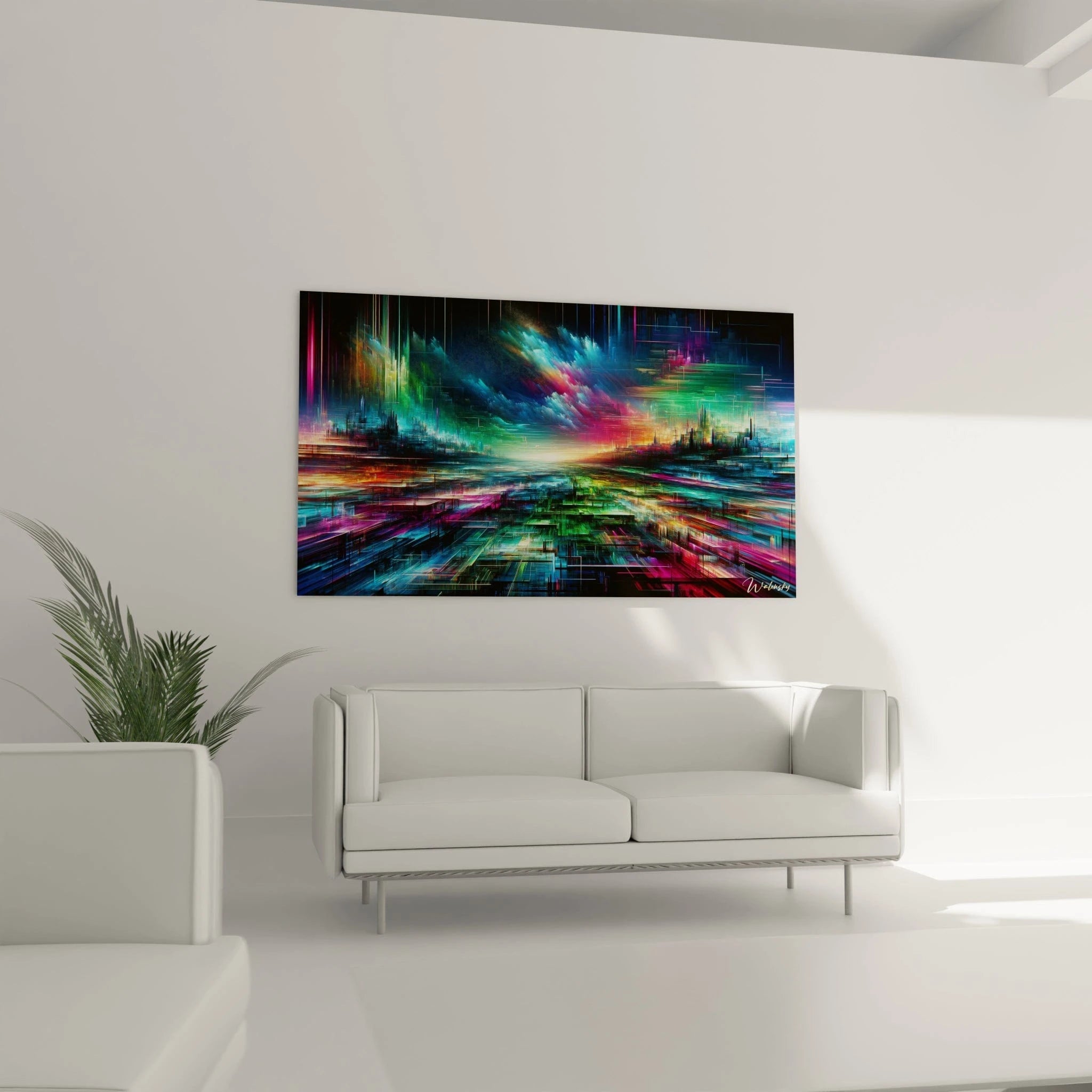 Tableau abstrait montrant une métropole technologique vue d'en haut. Spectre chromatique complet avec prédominance de bleu électrique, rose vif, vert acide et orange lumineux. Effet visuel de circuit imprimé géant avec trames perpendiculaires et formes urbaines stylisées. Composition radiale avec source lumineuse centrale et quadrillage de néons colorés s'étendant vers les bords de l'image.
