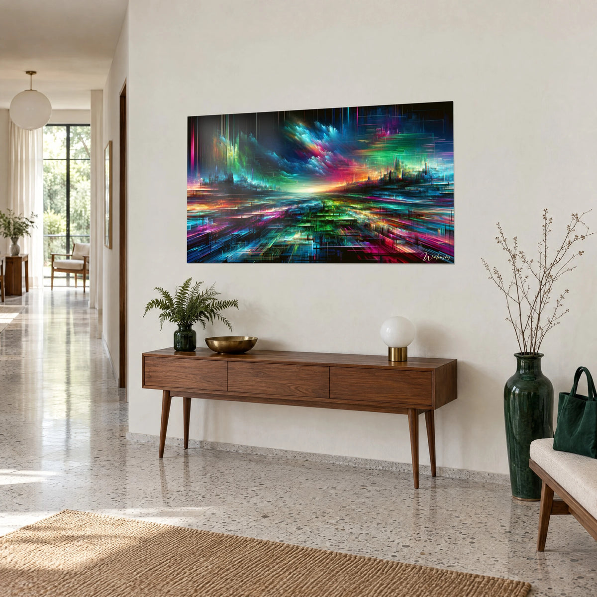 Abstract digitaal landschapsschilderij, cyaanblauwe wolken en gouden horizon, groene en roze lagen, boven een houten console