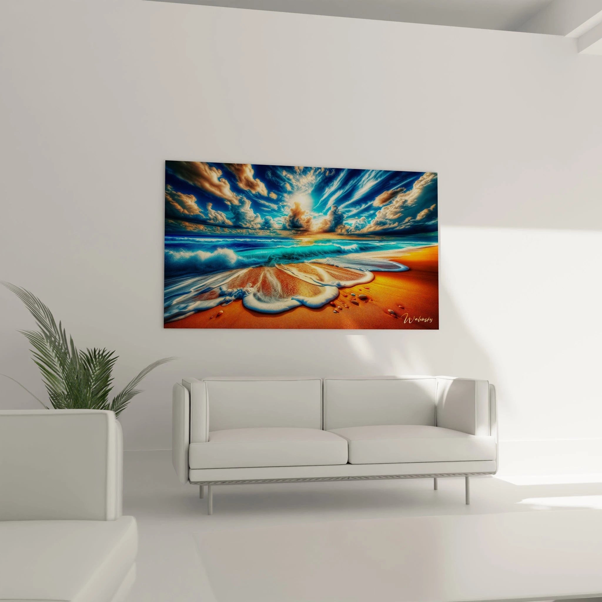 Un tableau paysage figurant une rencontre entre océan et terre. Des vagues cyan aux textures mousseuses s'étalent sur un sable orangé marqué d'empreintes et de petites pierres. La composition est dominée par un vaste ciel bleu où des nuages sculpturaux captent la lumière dorée du soleil.