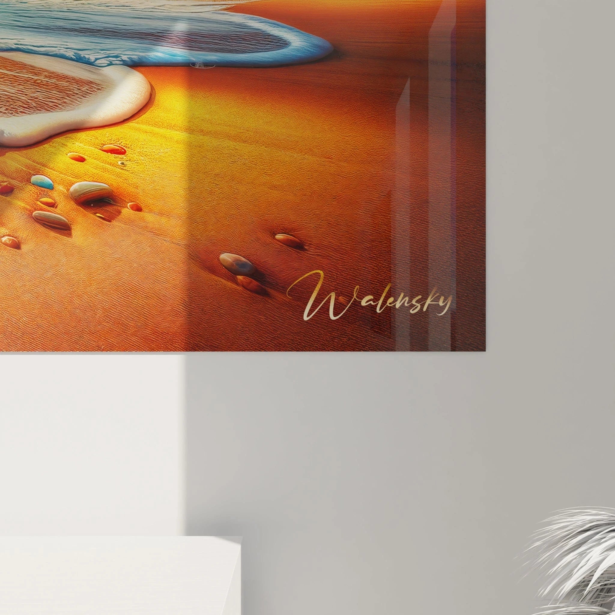 Tableau mural paysage de plage par Walensky avec des vagues et des galets colorés