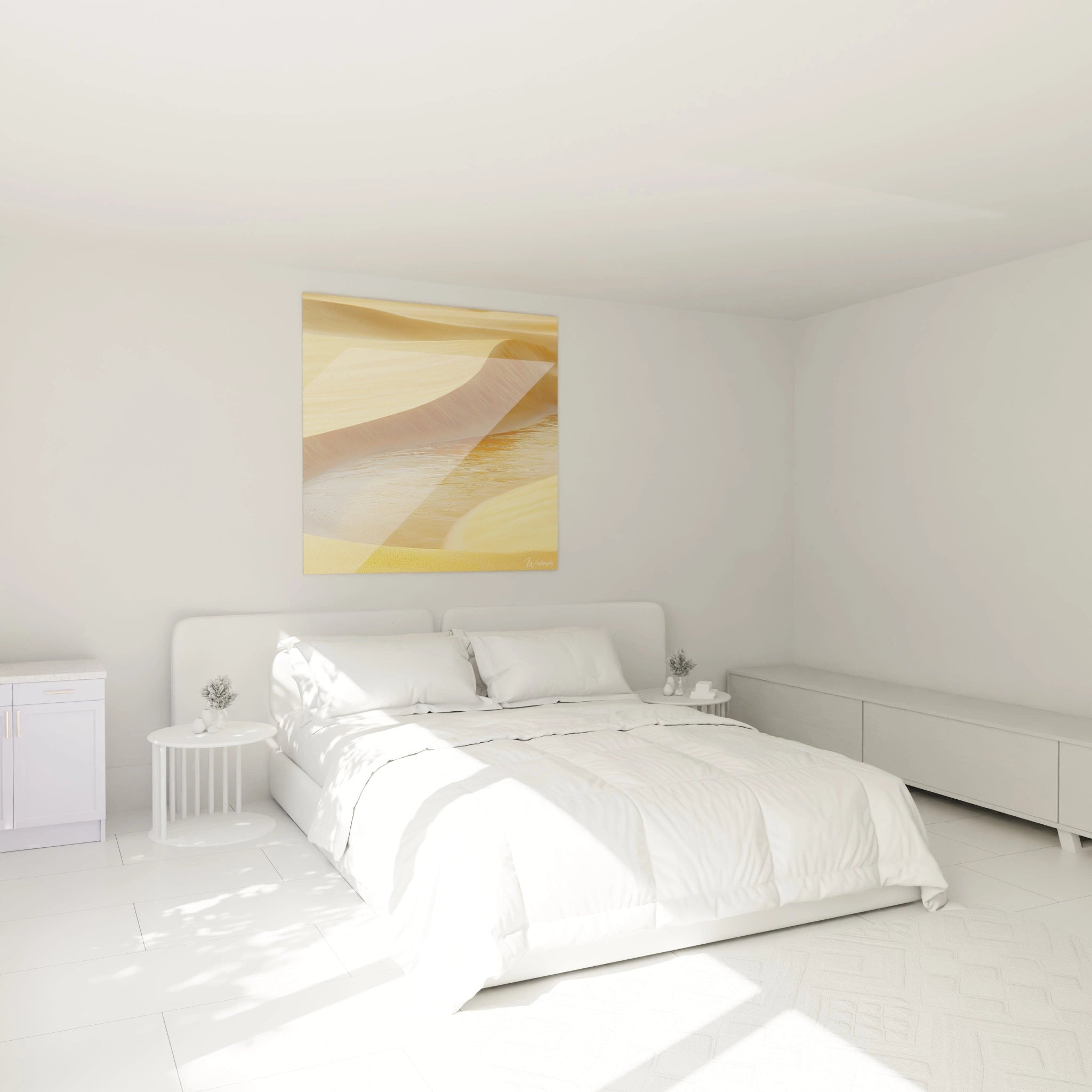 Tableau texture abstrait de Walensky avec des tons jaunes au-dessus d'un lit moderne dans une chambre lumineuse