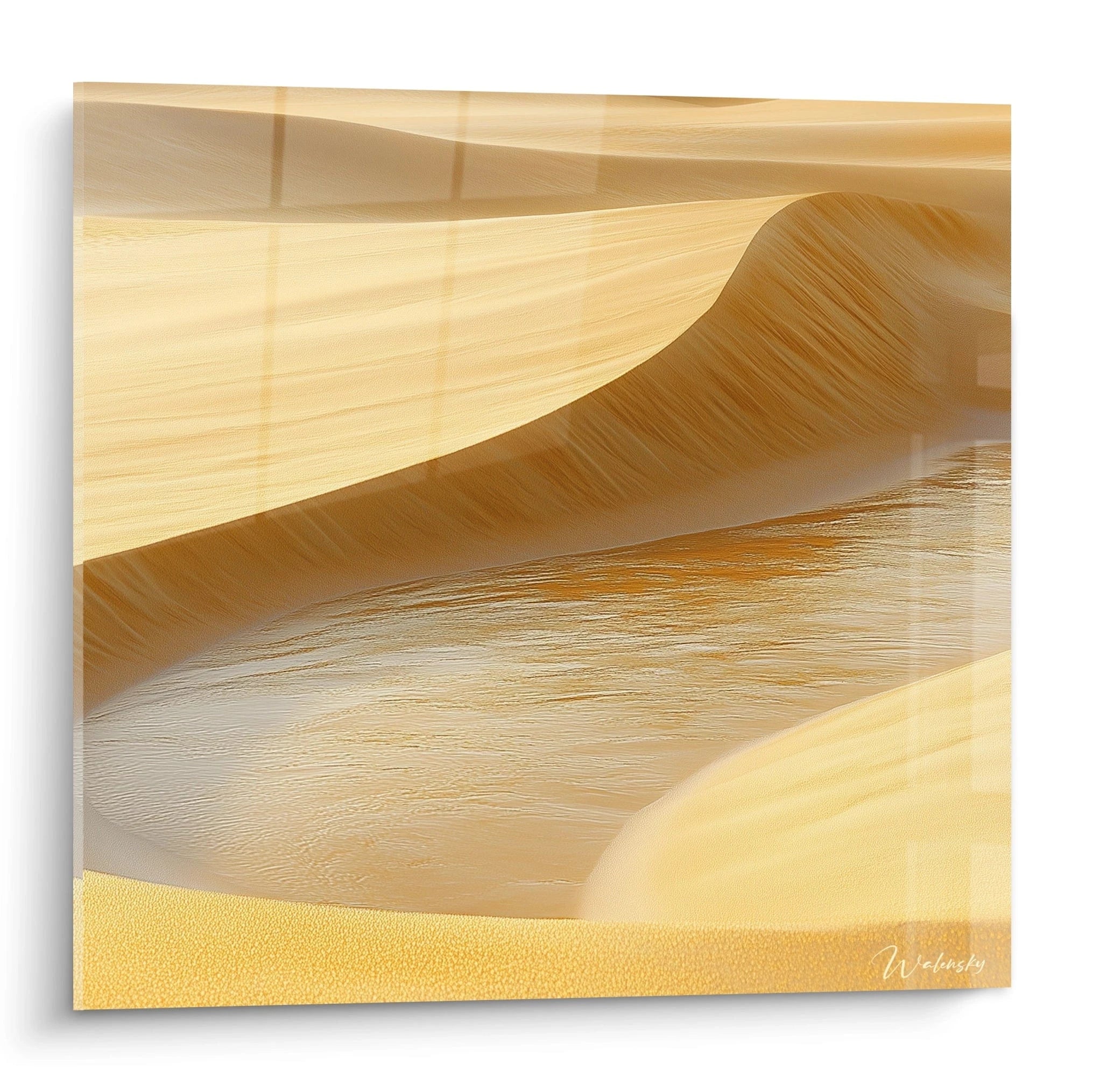 Tableau abstrait avec textures dorées et ondulations représentant un paysage désertique par Walensky